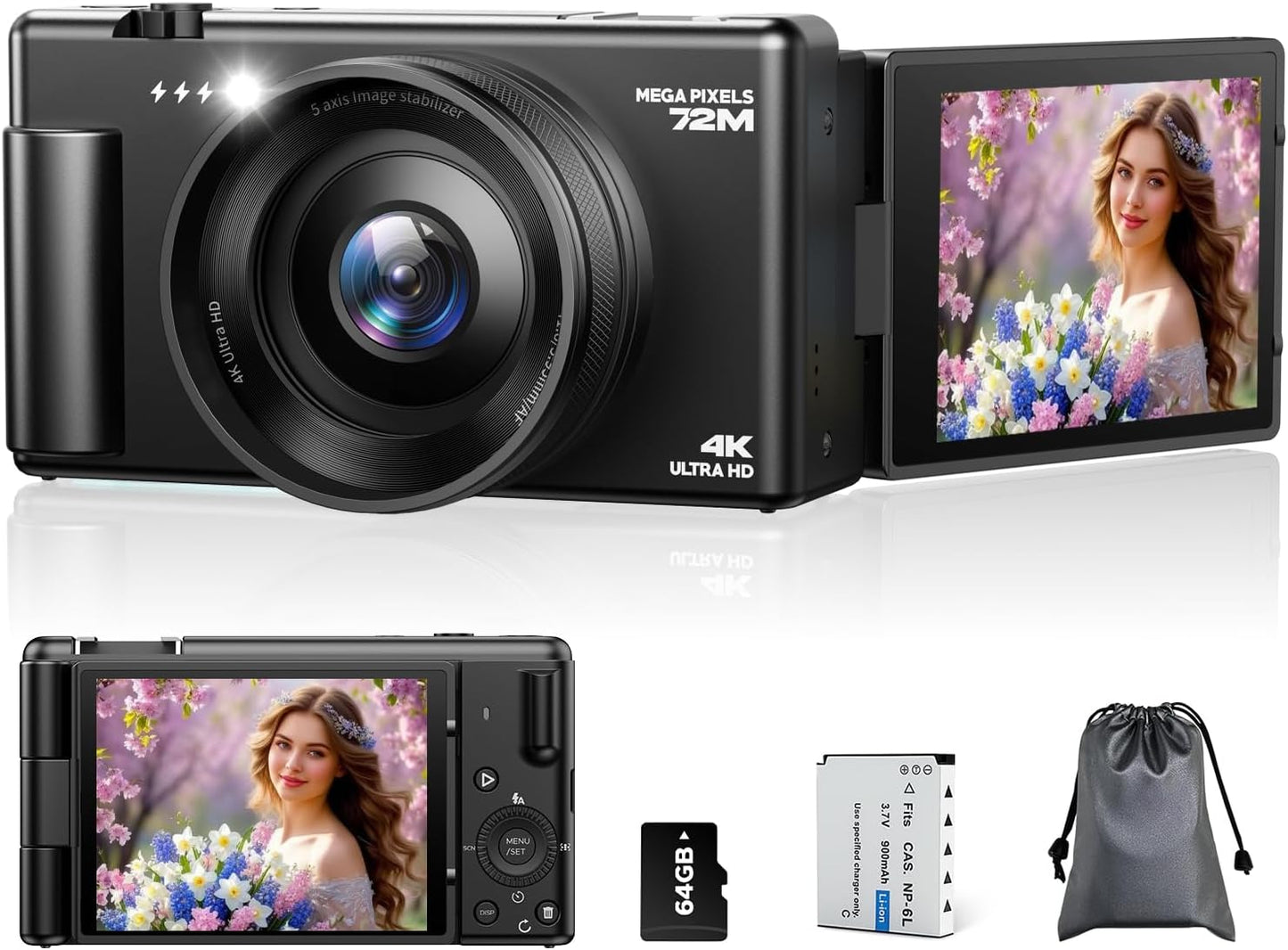 FIREFOTO 4K 18X Digital Cameras for Photography, Compact Vlogging Camera with Flip Screen, Digital Zoom YouTube Camera