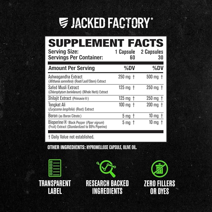 Jacked Factory Testosterone Booster for Men PRIMASURGE - w/Tongkat Ali, PrimaVie, Ashwagandha - Boost Vitality, Muscle Growth & Energy | Natural Test Booster Supplement - 60 Veggie Pills
