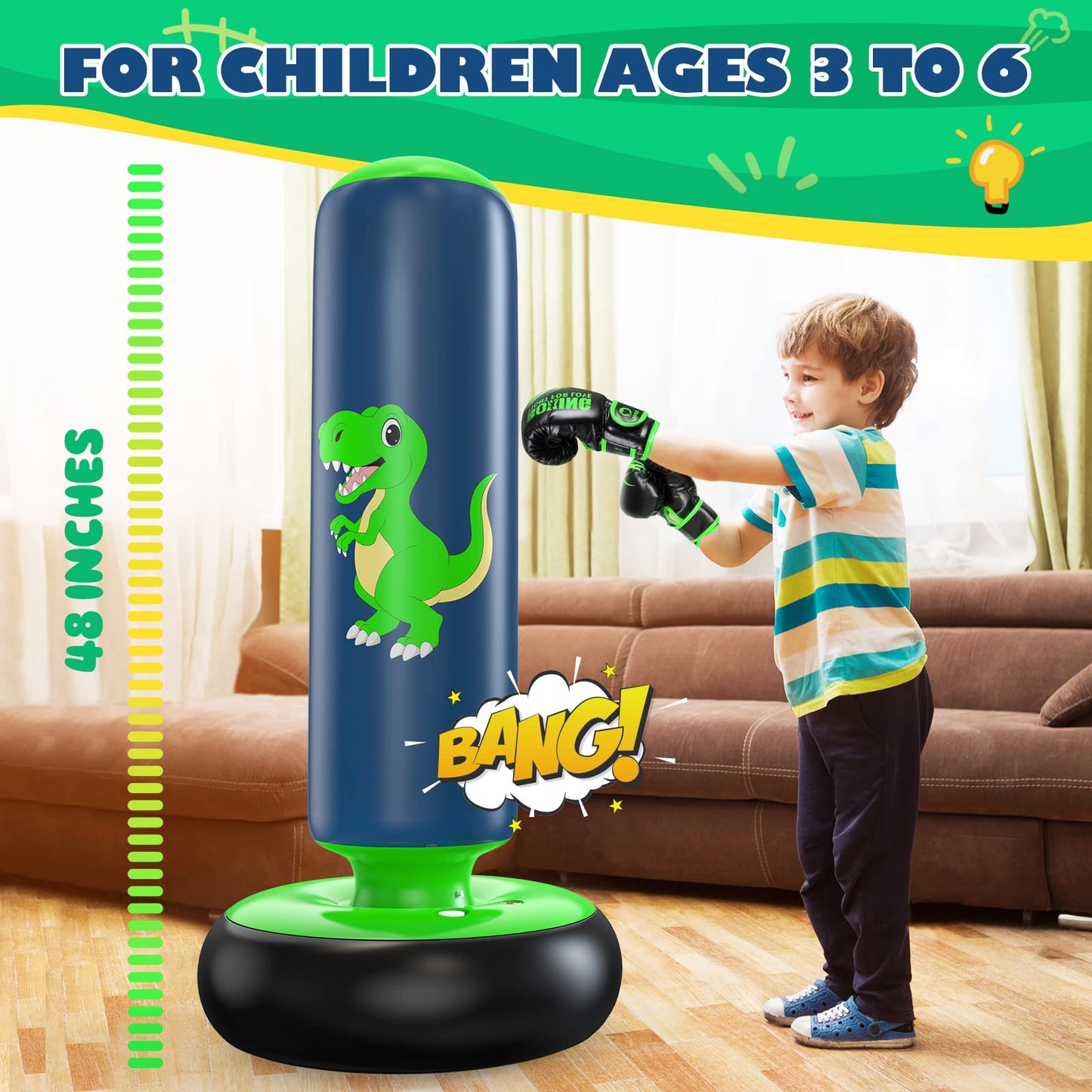 QPAU Inflatable Punching Bag, 48 Inch Stable Inflatable Boxing Bag for 3-6 Kids,Dinosaur Toy & Gifts for Boys and Girls, Kids Boxing Set for Practicing Karate, Taekwondo