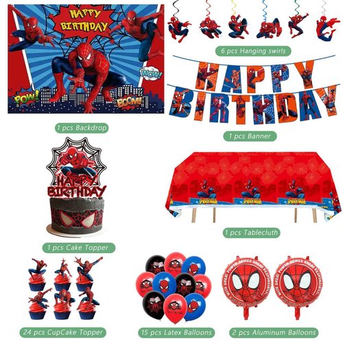 51PCS spidey birthday party supplies, backdrop, "Happy Birthday" banner,tablecloth, large aluminum balloon, small aluminum balloons, latex balloons, cake topper,cupcake toppers, hanging swirls