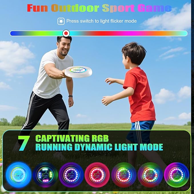 Pro LED Flying Sport Disc Toy for Kids Adults, 7 Dynamic Modes Glow in The Dark Fiying Ring, 175 Gram, Light Up Flashing, Sand Beach Toy for Lawn, Outdoor, Park, Yard, Camping, Toss and Catch Game