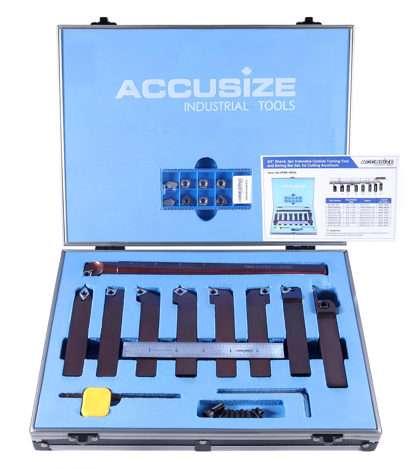 Accusize Industrial Tools 3/4" Shank 9‑Piece Indexable Turning & Boring Tool Set, Uncoated Sharp‑Edge Inserts for Aluminum, 3988-0034