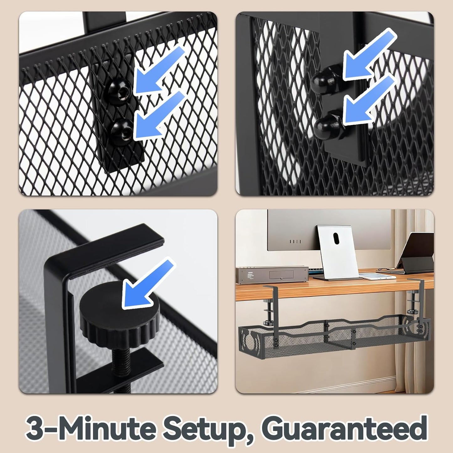 LOVJOYSE 25.3'' Cable Management, Under Desk Cable Management Tray No Drill, Metal Cable Organizer with Clamp for Wire