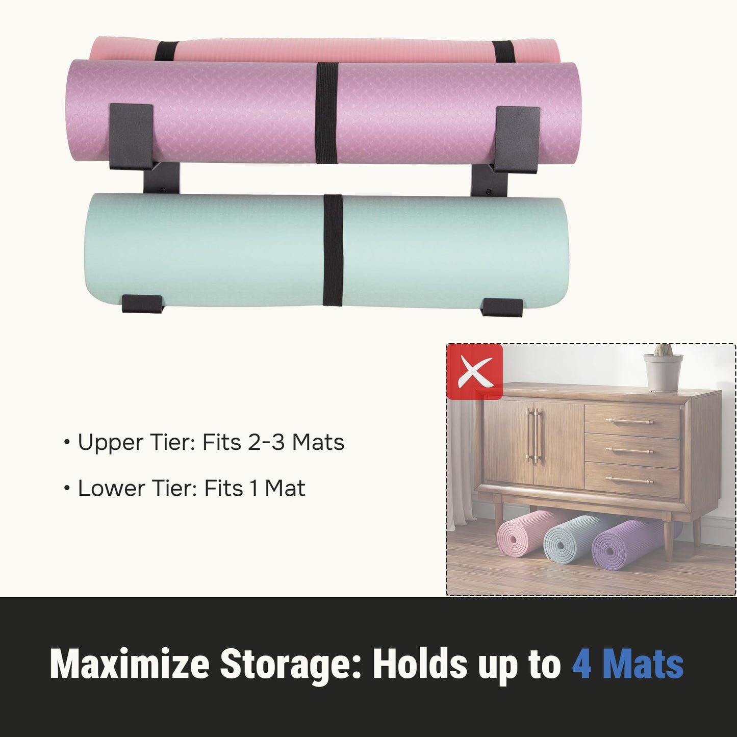 RoakyRoasy Yoga Mat Holder with Protective Padding Wall Mount Steel Storage Rack, 2 Tier Adjustable Width Hanger for up to 4 Foam Rollers, Easy Installation