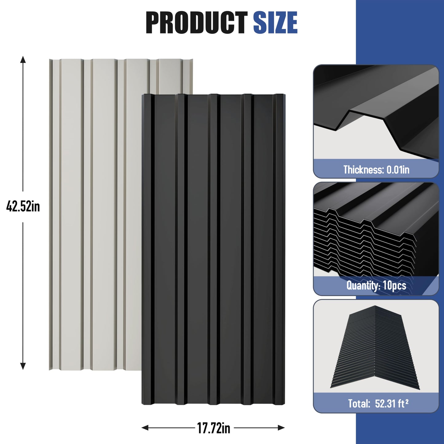 Brakki Metal Roofing Panels 10pcs 52.4 ft², L42.52"xW17.72" Black Corrugated Galvanized Steel Roof Panels with Screw, Heavy Duty Metal Siding Suitable for Garages Chicken Coop Sheds Stables Patio