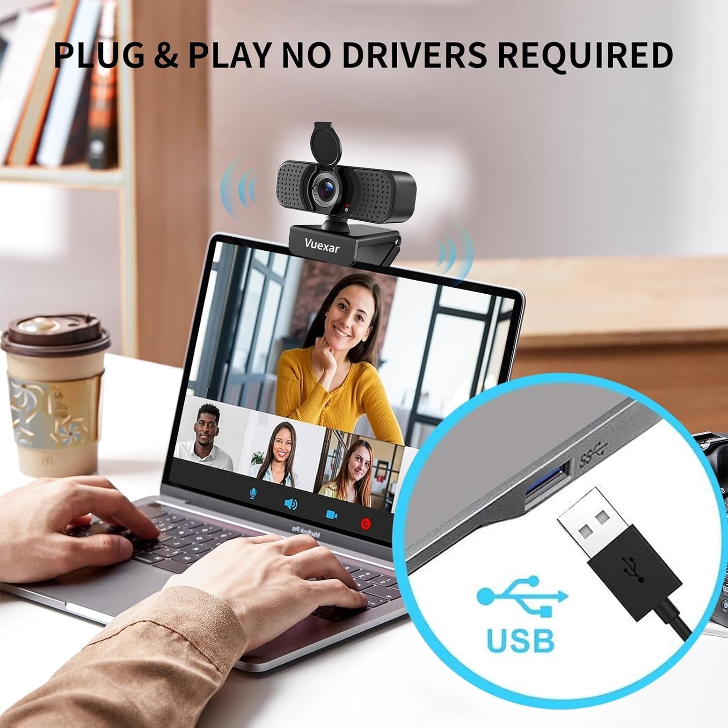 Vuexar 2K Webcam with Microphone, Web Camera withTripod, Dual Mics, Plug & Play Computer Camera for Online Calling