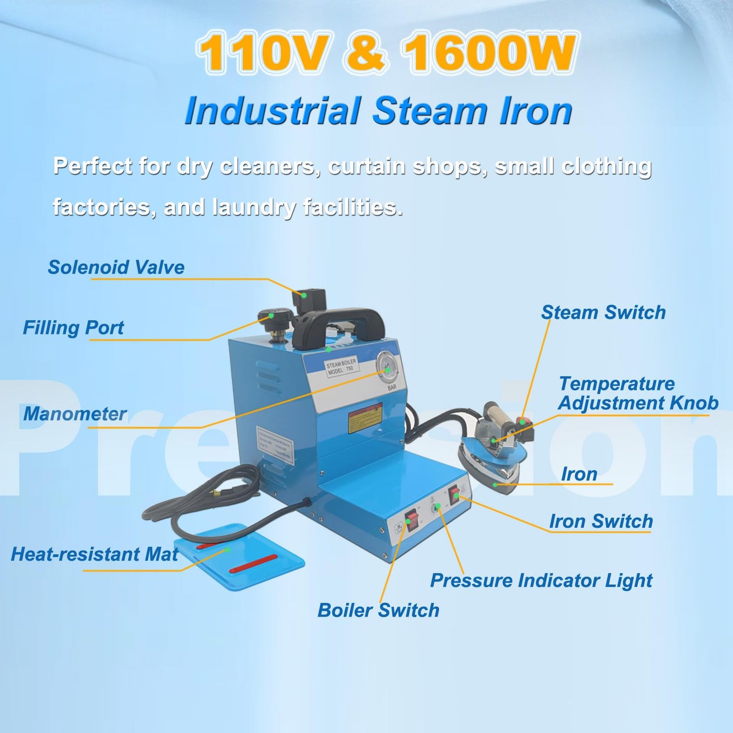 PreAsion 110V Industrial Steam Iron & Boiler Station - 1600W Professional Ironing System with Adjustable Steam & Temperature for Clothing Stores, Laundry, Factories, and Curtain Shops