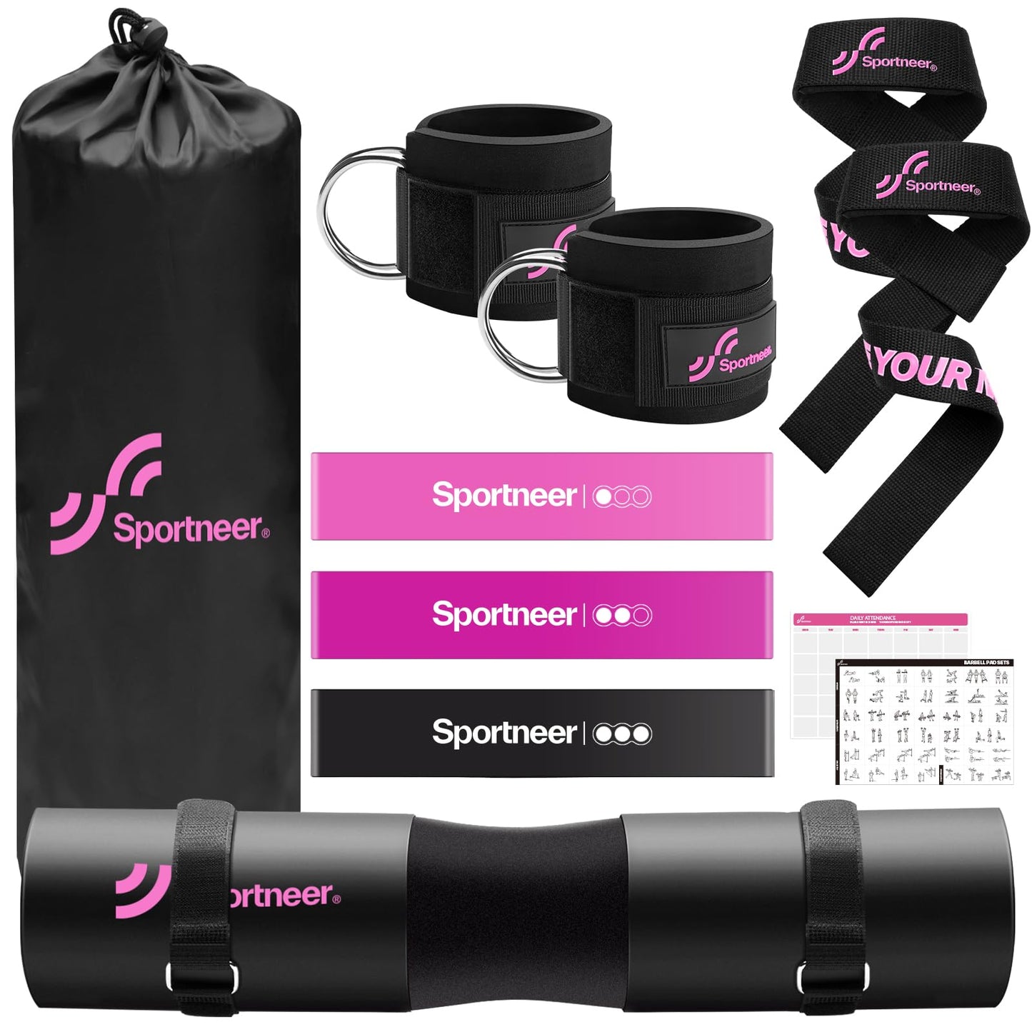 Sportneer Barbell Pad Set: 10 Pcs Squat Pad for Hip Thrusts, Lunges, Leg Day, Standard Olympic Bars with 2 Ankle Straps, 2 Lifting Straps, 3 Resistance Bands, Barbell Pad, Workout Poster and Carry Bag