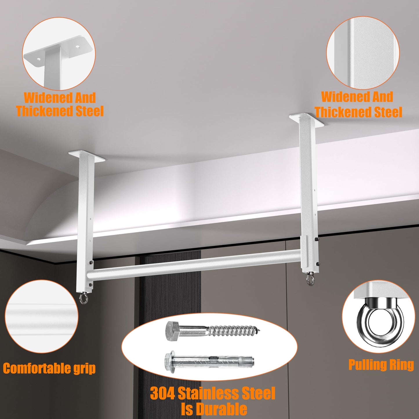 HWOOUSA Ceiling Mounted Pull Up Bar, 3 Adjustable Heavy Duty Pull Up Bars, 16"/24" Rafter Chin Up Bar, Ceiling Joist for Garage/Gym/Basement with Comfortable Grip & Round Anchors, Heavy Duty 700 LBS,White