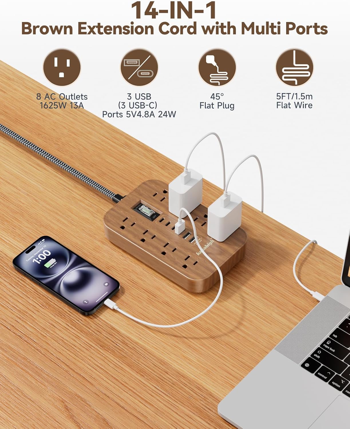 kakahigh 5 1625W 8 6 Walnut Power Strip with USB Ports - FT Wood Power Strip, Decorative Extension Cord with AC Outlet