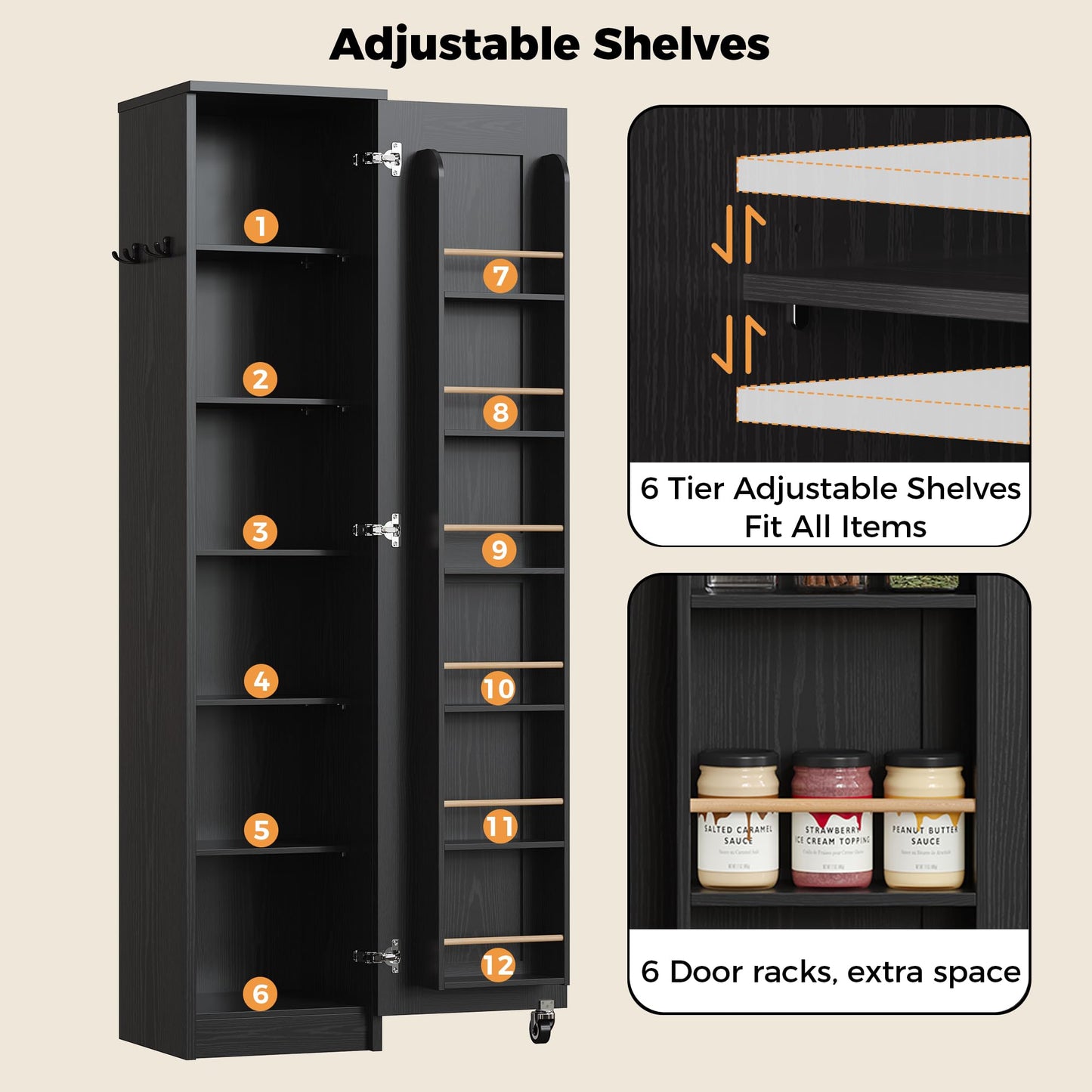 IRONCK Narrow Kitchen Pantry Storage Cabinet, 72" Slim Single Door with 6 Adjustable Shelves, Door Rack and Wheels, Space Saving Freestanding Storage Floor Cabinet for Small Place, Black