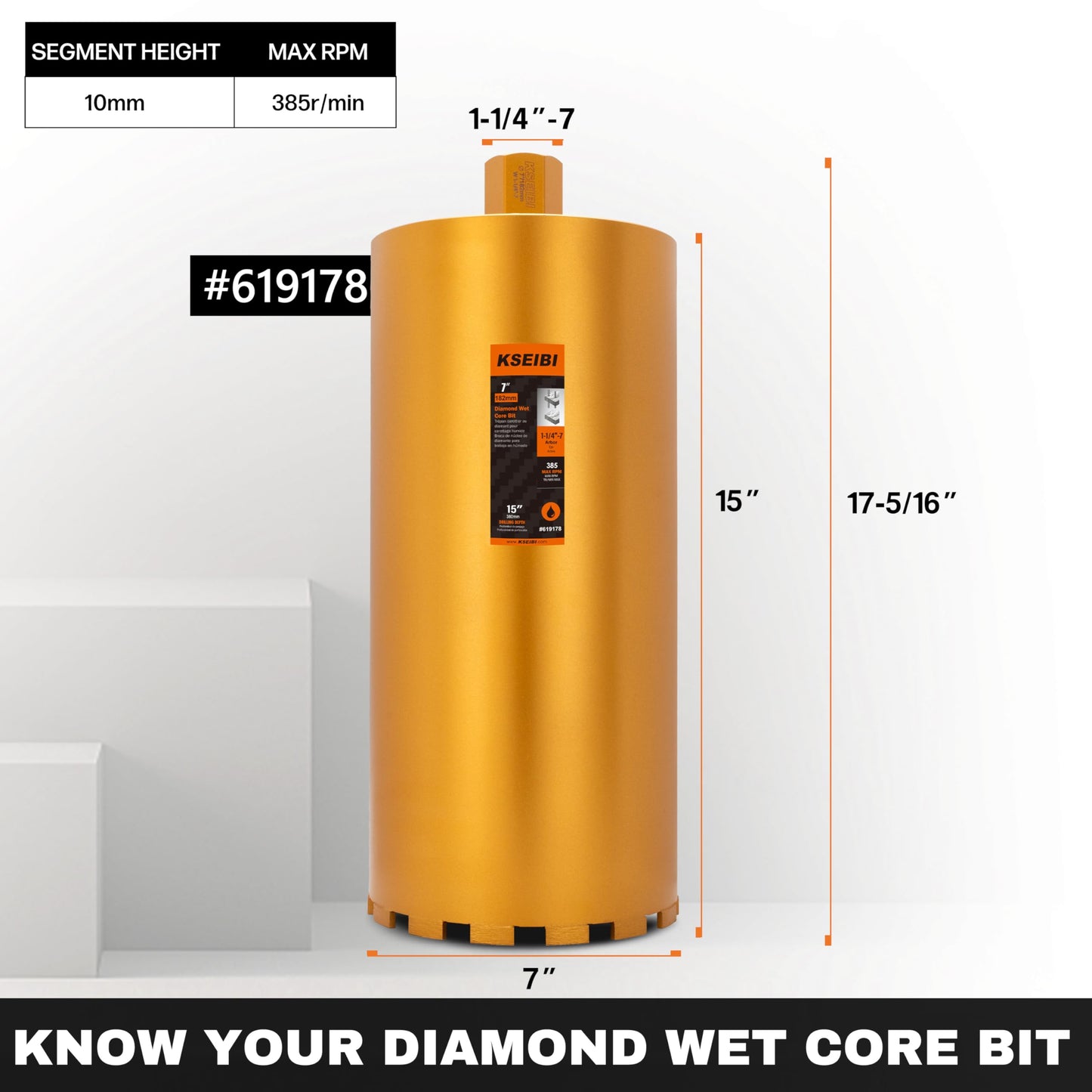 KSEIBI 619178 Wet Drill Core Bits 7" for Concrete, Marble, Granite, Brick, and Hard Masonry 16" Drilling Depth, 10mm Segment Height 1-1/4"-7 Arbor, Wet Only Hole Saw