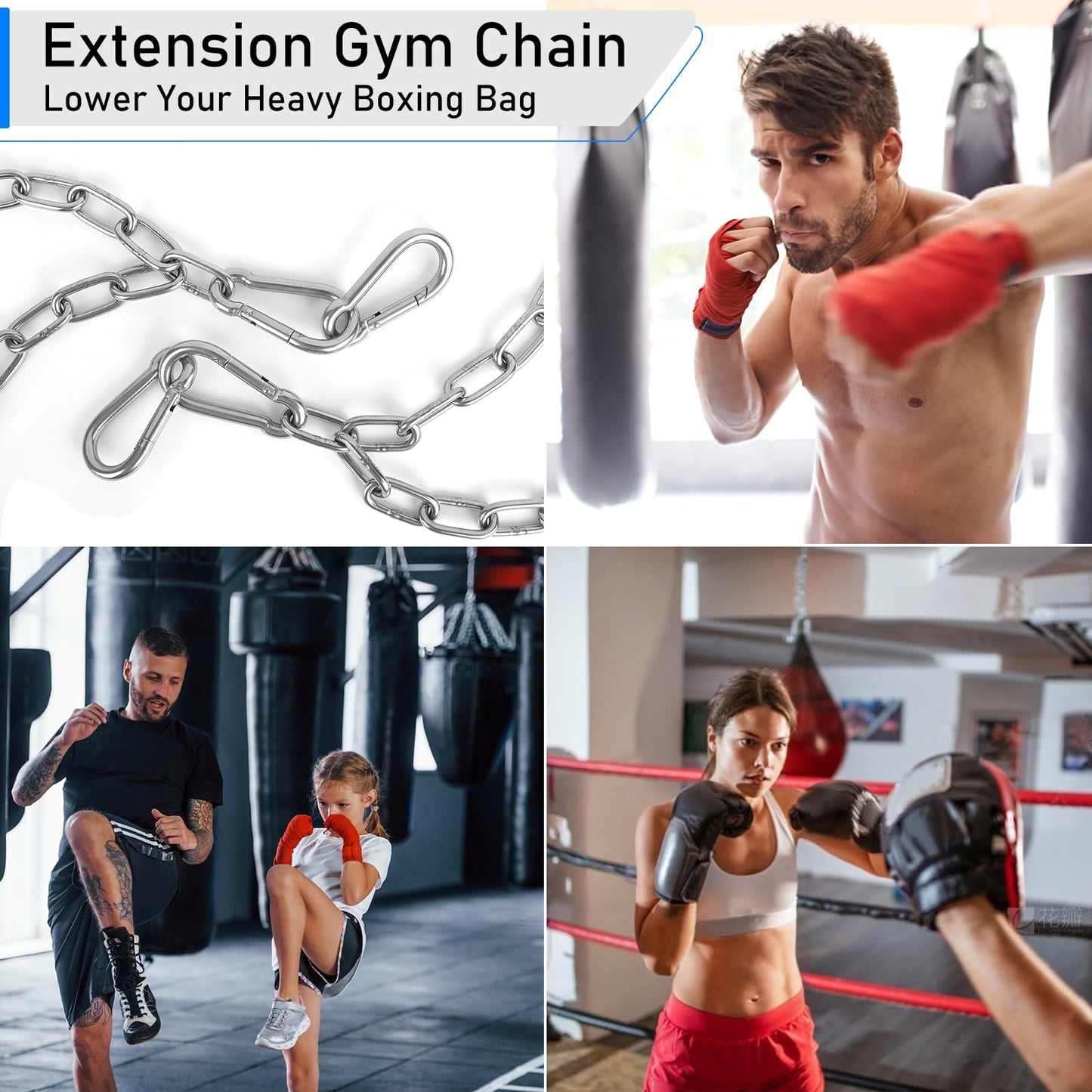 2 Pack 30 Inch Heavy Duty Chains, 1/5 Inch Thick Steel Hanging Chain with Spring Snap, Easy to Install Chain Extender for Punching Boxing Bag, Hammock, Porch Yoga Trapeze Swing, Silver, 440LB