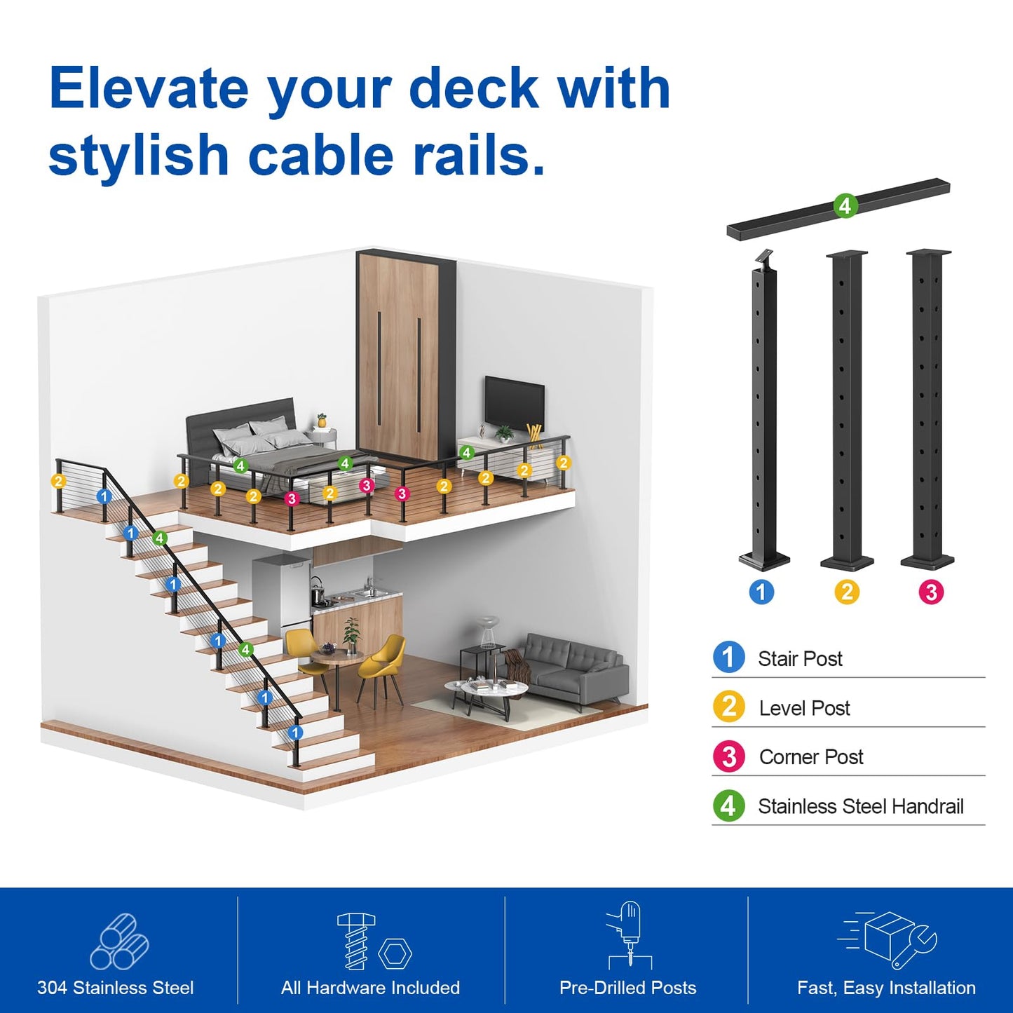 BLIKA 12FT-20FT Complete Set 42" Cable Railing Post Kit, Black Level Drilled Cable Railing Post, Swageless Cable Railing System Include 4Pack Level Posts, 1/8" 300FT Stainless Steel Cable(No Handrail)