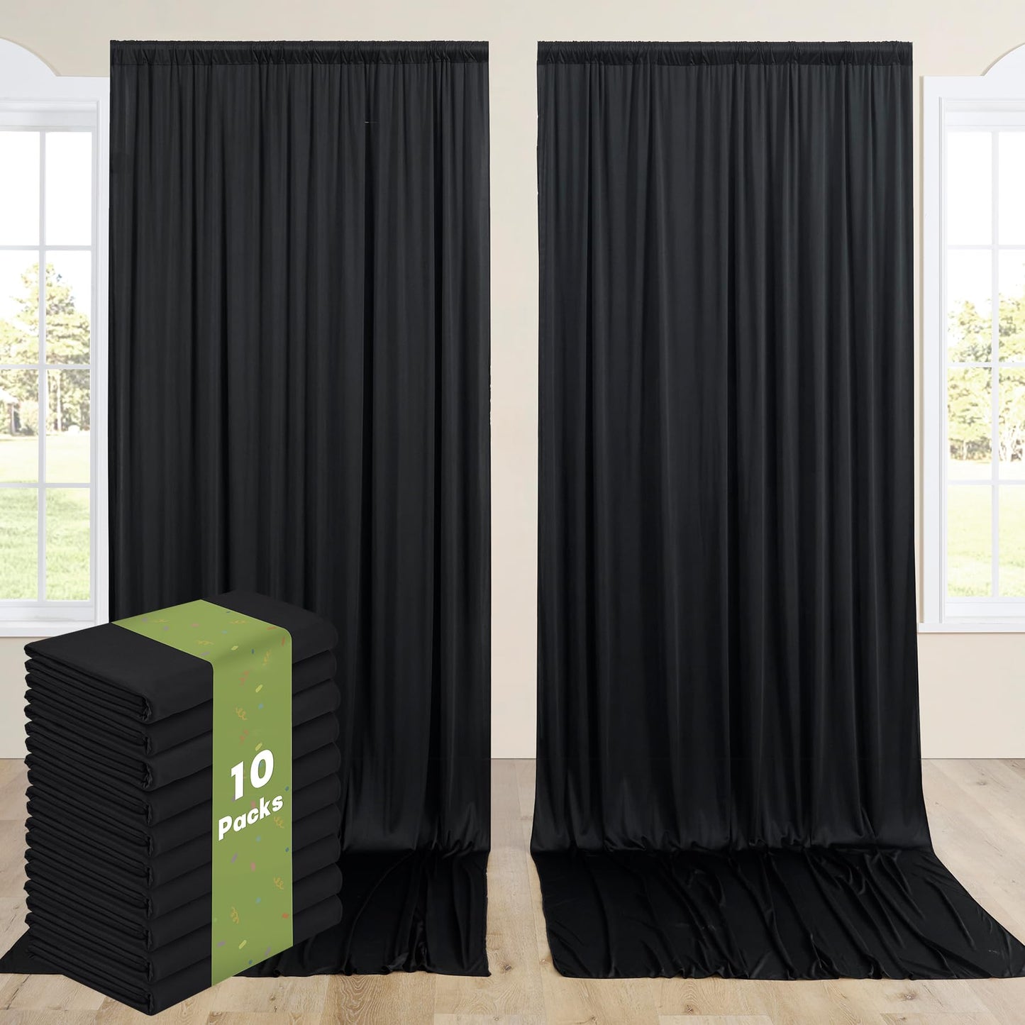 10 Panels 5x12ft Wrinkle Free Black Backdrop Curtains for Parties, Polyester Photo Backdrop Drapes 12 ft Long Back Drop Cloth for Wedding Birthday Photography Background, 50ftx12ft