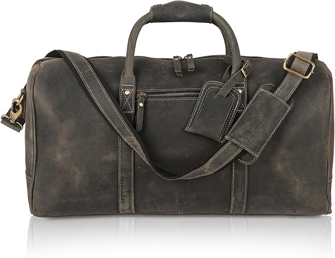 KomalC 24 Inch Leather Duffel Bags for Men and Women Full Grain Leather Travel Overnight Weekend Leather Bags Sports Gym Duffle for Men