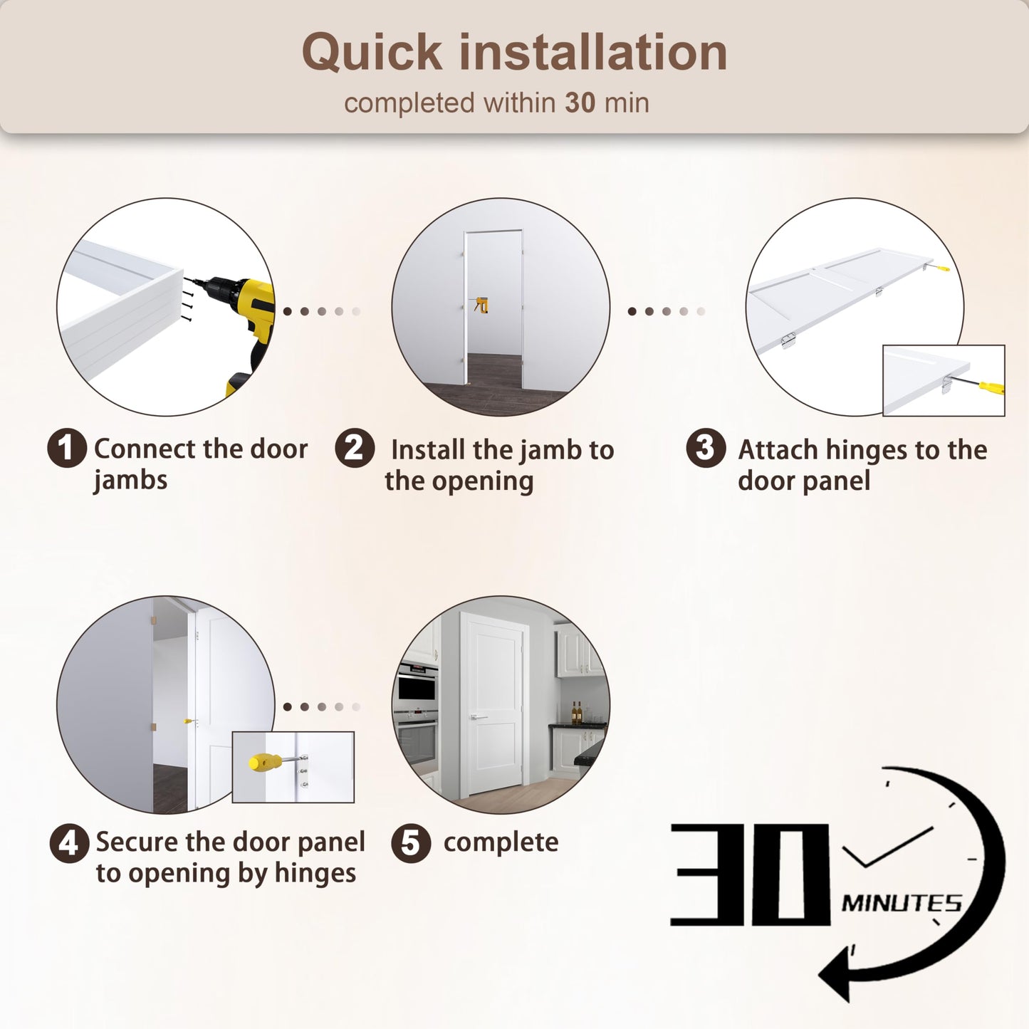 JUBEST 30"x80" Left-Hand Prehung Interior Door with Knock Down Jamb Kit & Satin Nickel Hinges, 2-Panel White Primed Hollow Core Molded Door Slab with Bore & Hinge Cutout, Durable & Sturdy, No Handle
