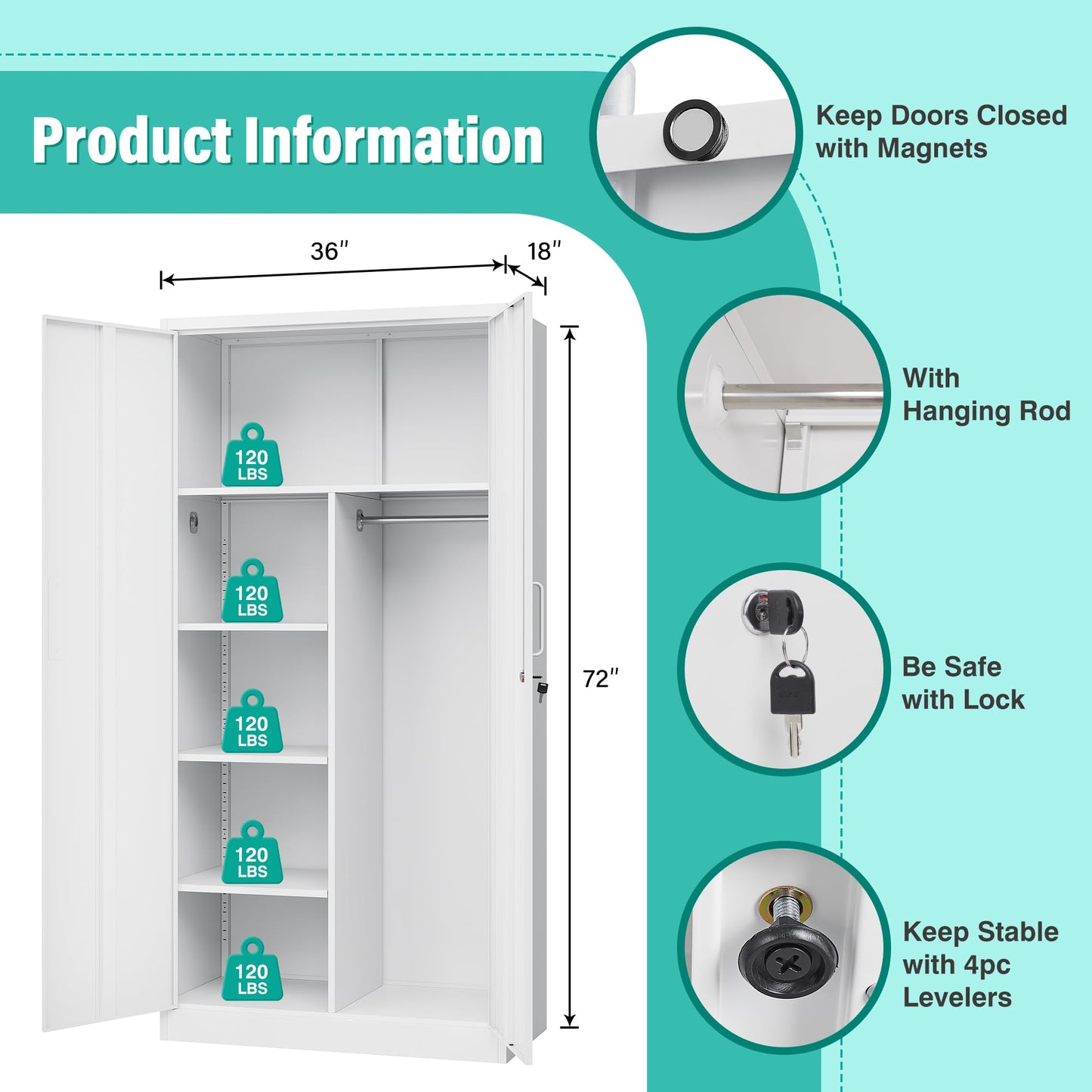 Wide & Deep Metal Storage Cabinet with Hanging Rod,White Broom Closet Storage Cabinet with Lock,72" Tall Wardrobe Cabinets with Doors and Shelves,Locking Steel Tool Cabinets for Home,Office,Garage
