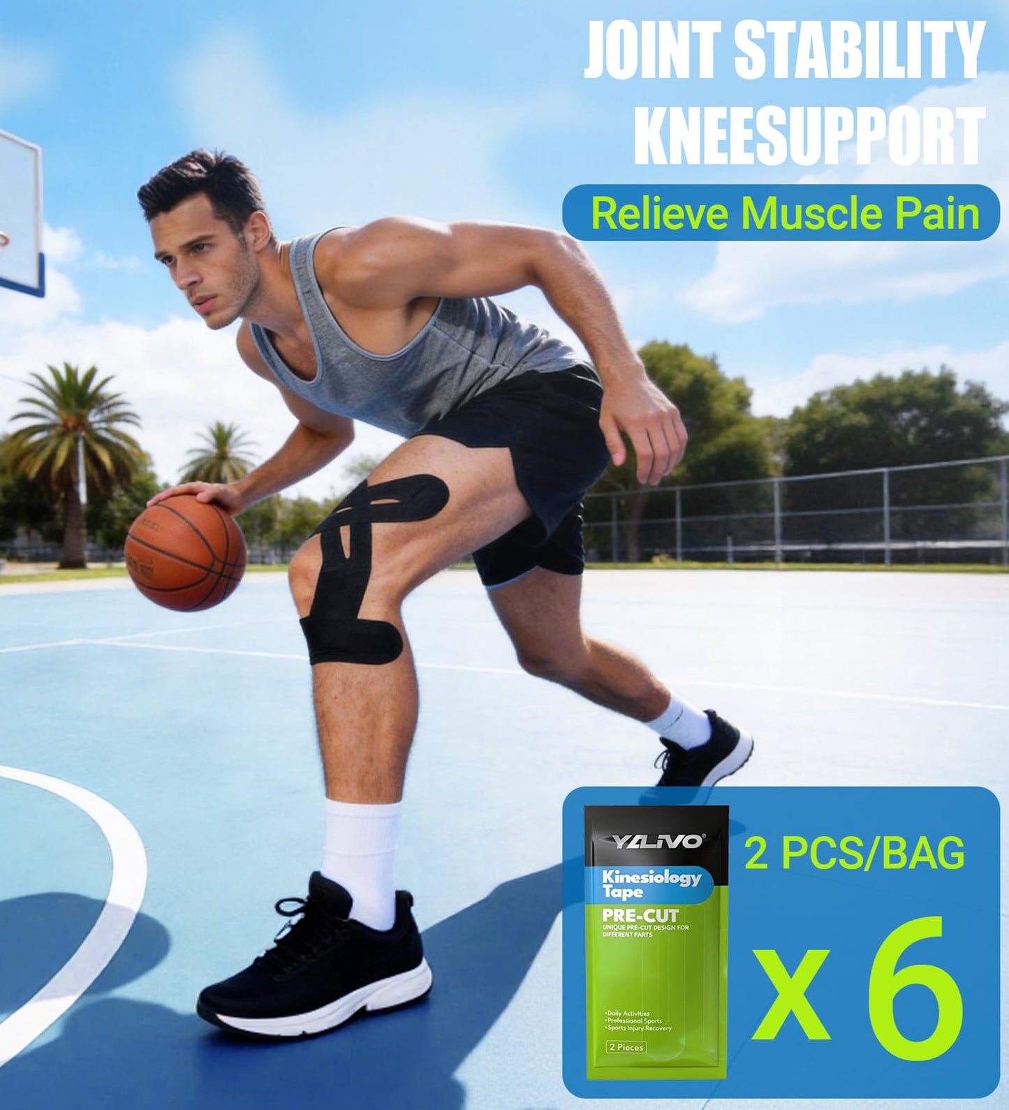 Precut Kinesiology Tape for Knees, 12 Pcs Individual Packeaged - Knee Support & Stability, Pain Relief Athletic Tape - Waterproof & Elastic, Breathable Hypoallergenic Latex-Free Tape (Black)