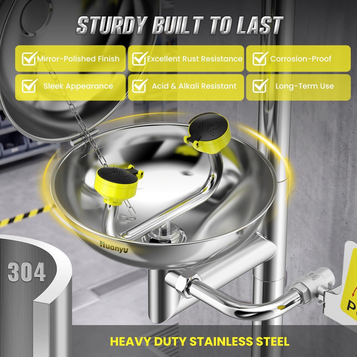 Huanyu Emergency Shower and Eye Wash Station OSHA Approved Safety Shower and Eyewash Station Combination 304 Stainless Steel Stand Plumbing Eye Washing Unit with Eyewash Sign Industrial Lab (YX-Y2)