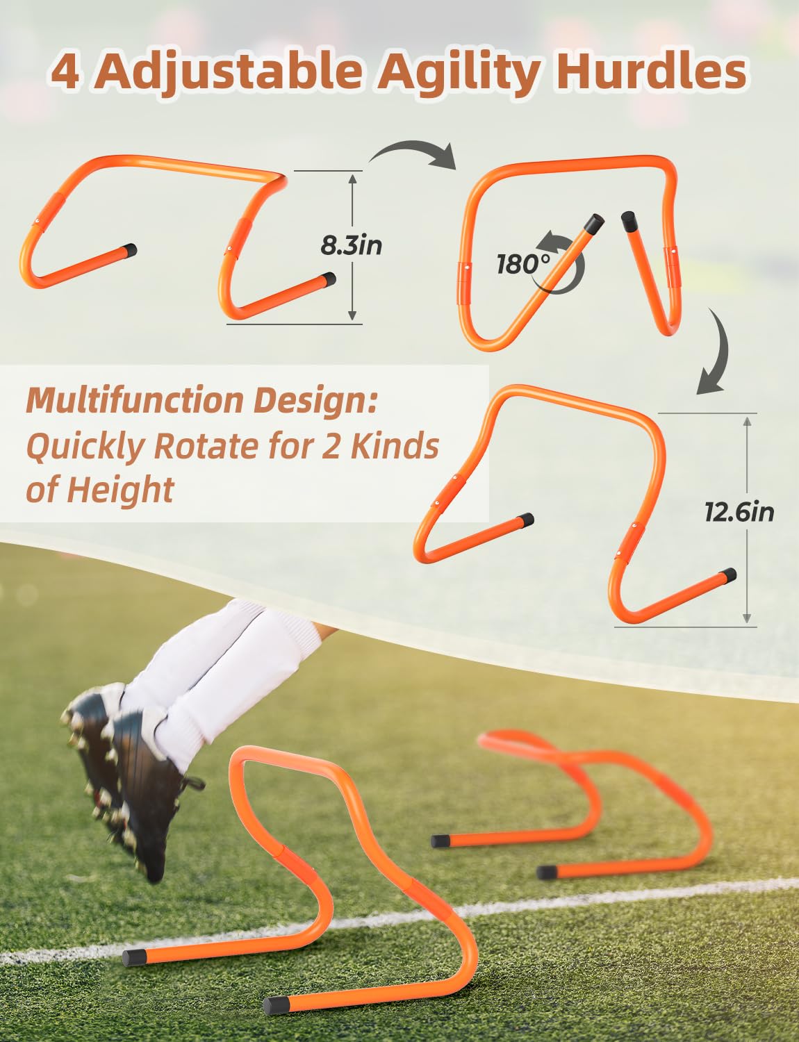 GHB Agility Ladder,Football Training Equipment Set,4 Agility Hurdles, 20 feet12 Rungs Speed Ladder,12 Disc Cones,Resistance Parachute, Jump Rope, 4 Resistance Bands (Yellow)