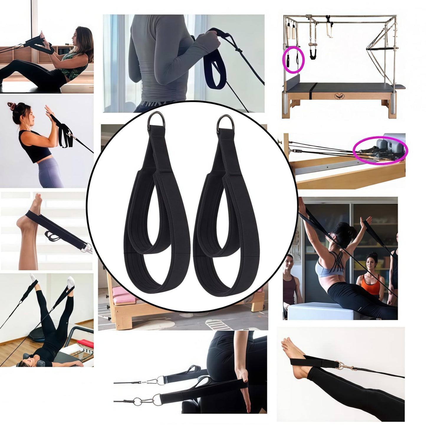 2Pcs Pilates Straps D-Ring Double Loop Exercise Straps for Reformer, Home Gym (Black)