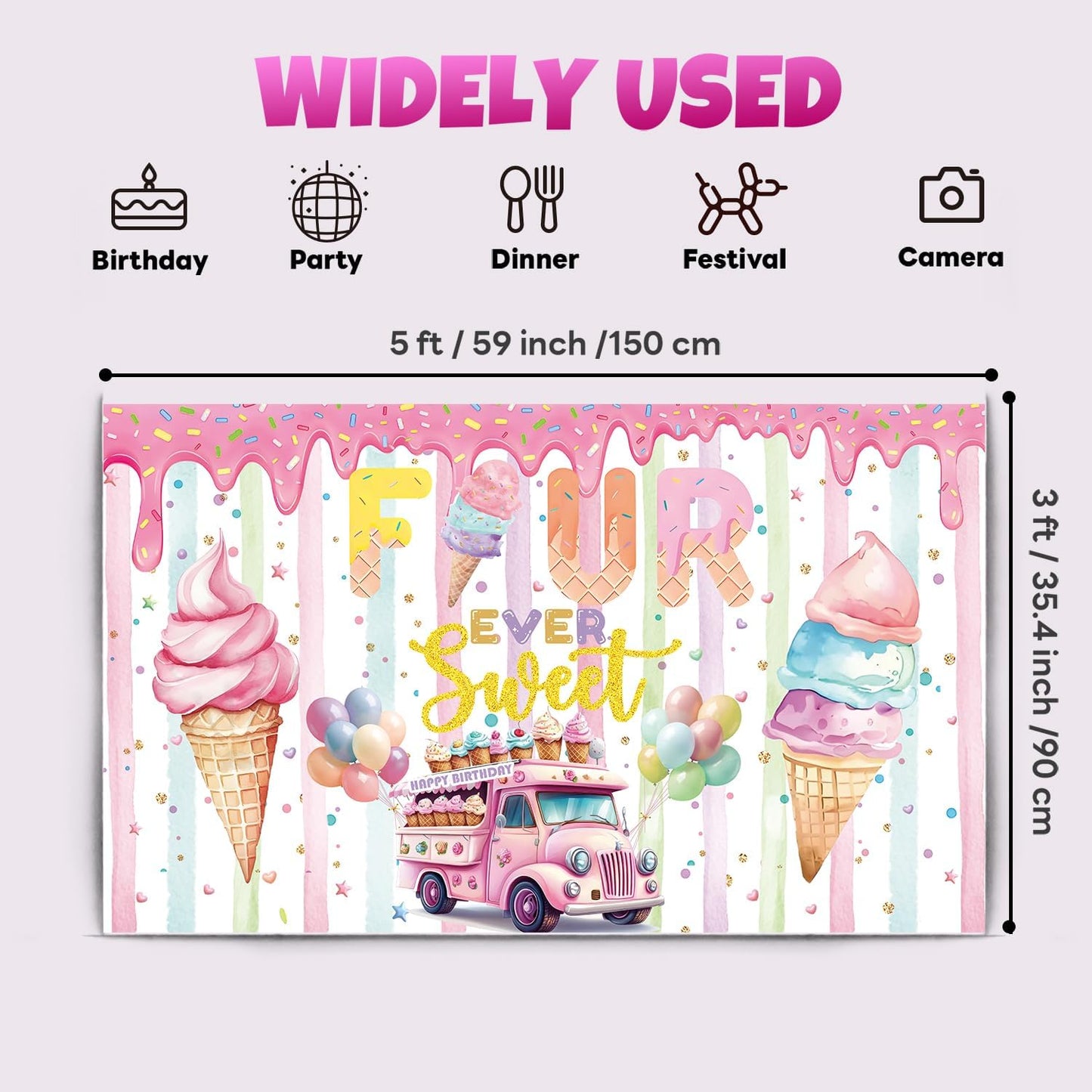 xuanflyF 4th 4th Ice Cream Birthday Party Decoration, Ice Cream Birthday Backdrop Banner, Four Ever Sweet Birthday