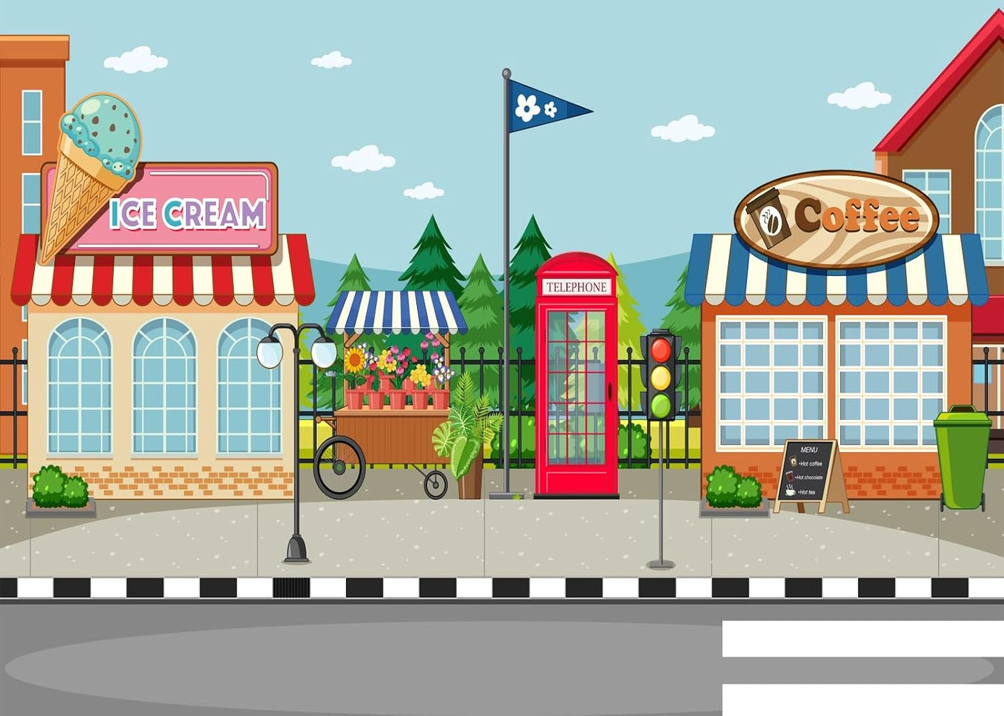 CORFOTO 10x8ft Fabric Town Street Backdrop Ice Cream Coffee Shop Red Phone Booth Urban Scene Photography Background