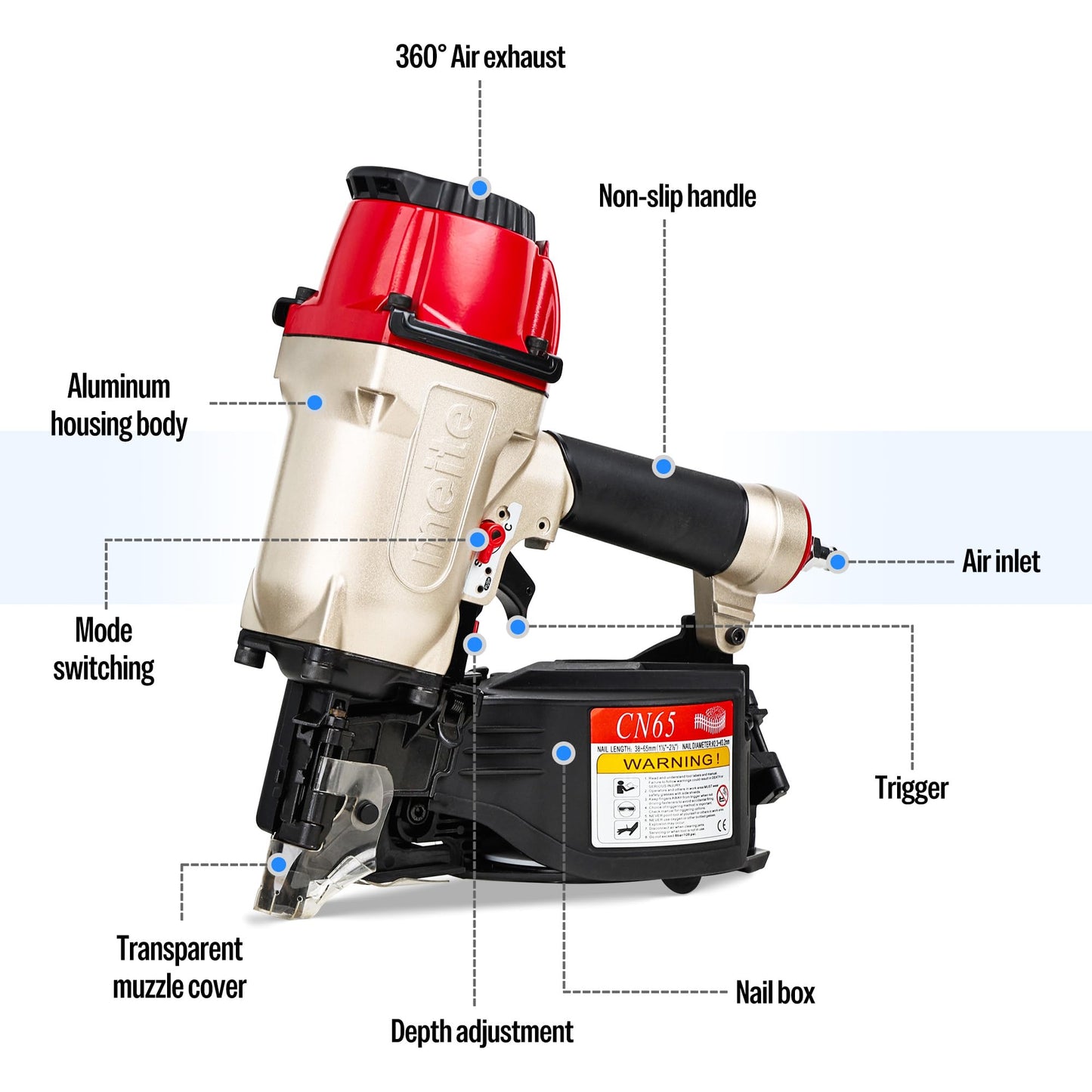 meite CN65 Siding Nailer 15 Degree Coil Siding Nailer Gun for Heavy-Duty Fencing Decking Sheathing, Pneumatic Siding Nail Gun with Tool-Free Depth Adjustment, Drives 1-1/2" to 2-1/2" Coil Siding Nails