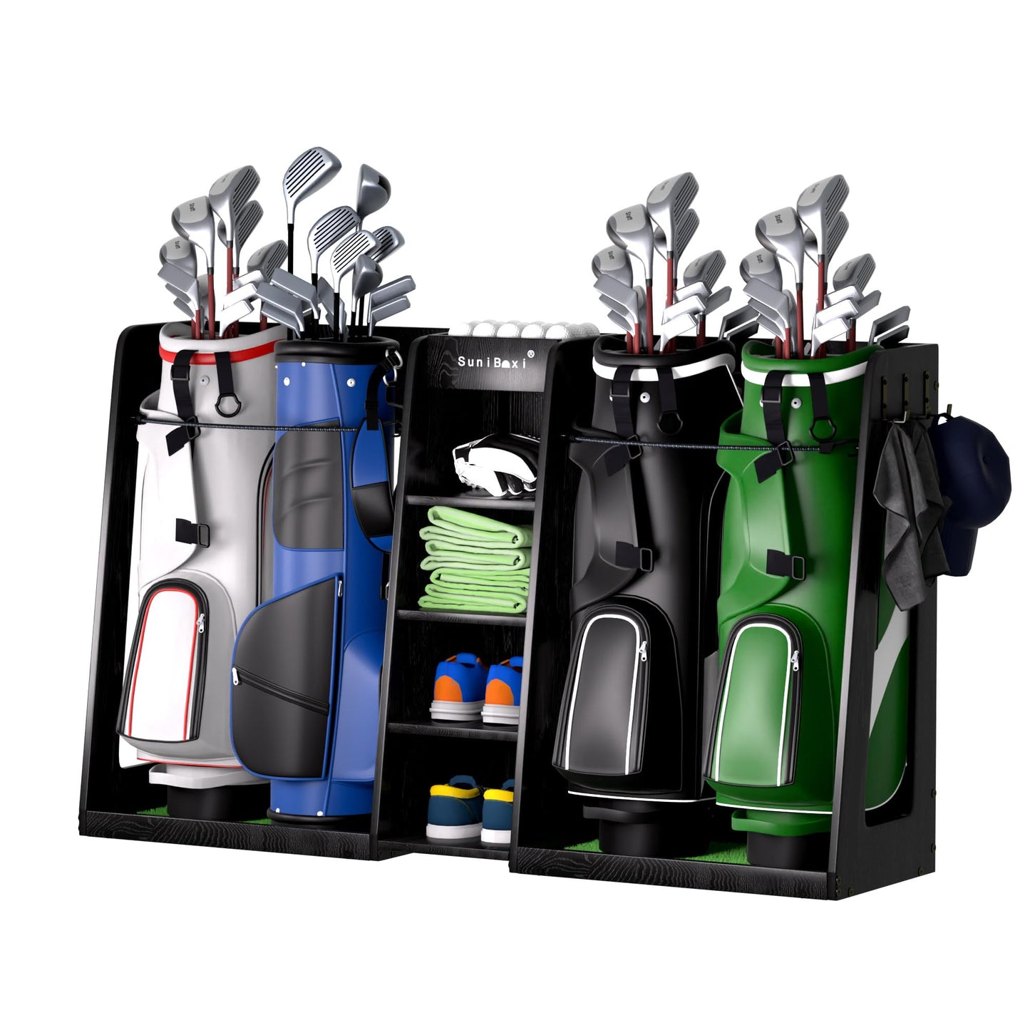 SuniBoxi Golf Organizer for Garage, XL Wooden Golf Bag Storage Rack for 4 Bags, Clubs, Balls & Equipment, Heavy-Duty Golf Bag Holder, Ideal Gift for Golfers, Dad, Husband(4 Bags,Dark Black)