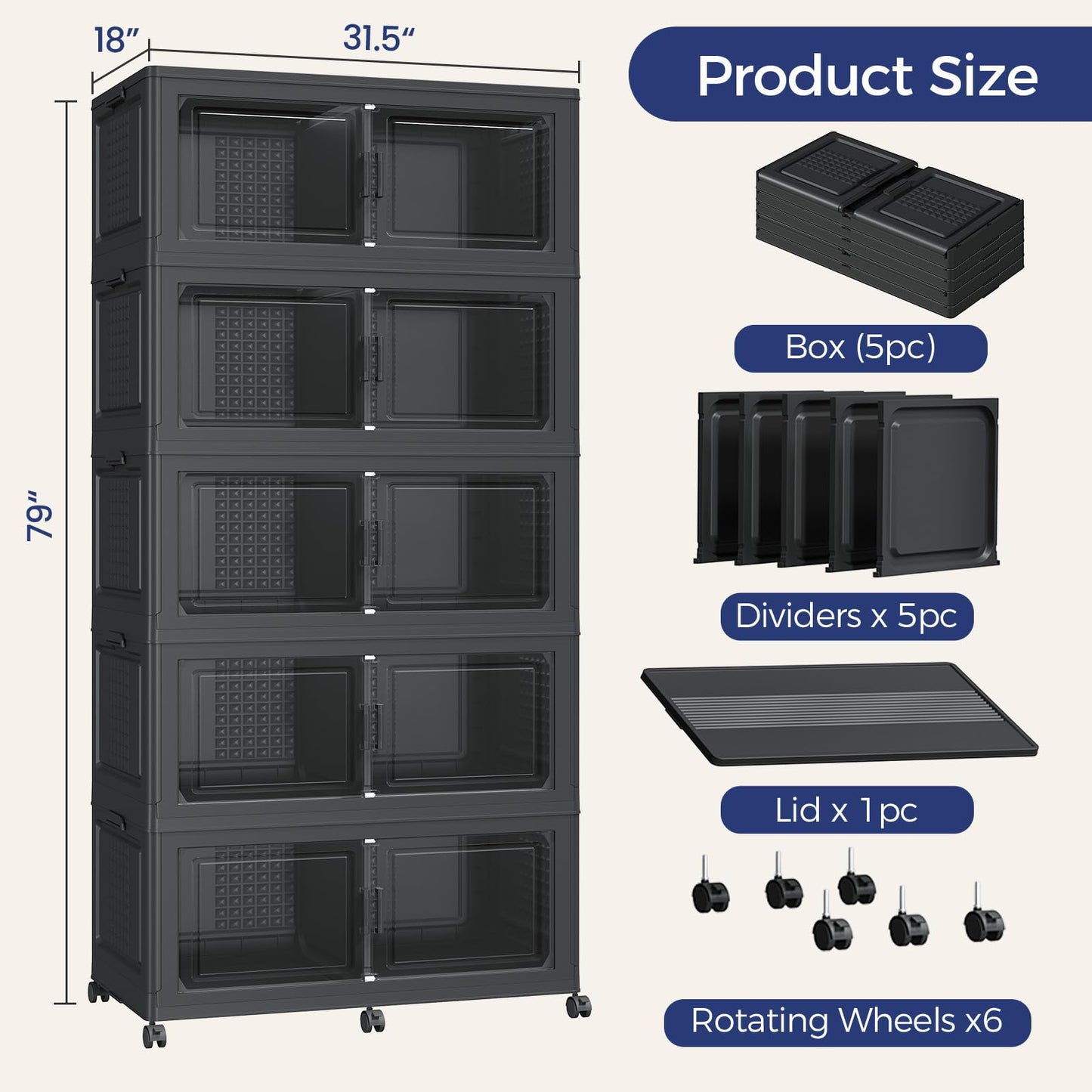 HOCRYPTA 250Gal 5-Tier Collapsible Storage Bins with Lid & Wheels, 1000QT Stackable Large Plastic Storage Cabinet Organizer Box with Doors for Bedroom Closet Kitchen Clothing Storage, Black