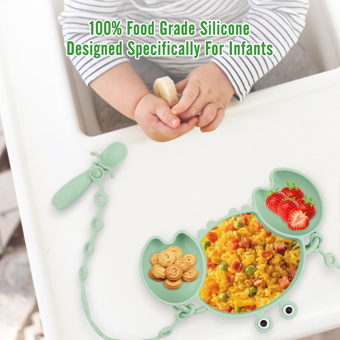Silicone Baby Feeding Set, 8-Piece Baby Led Weaning Supplies Included Toddler Suction Plate, Bowl, Cup, 3 Spoons & 2 Safety Straps Keep Spoon, Fork & Bottle Off The Floor for Self-Feeding (Green)