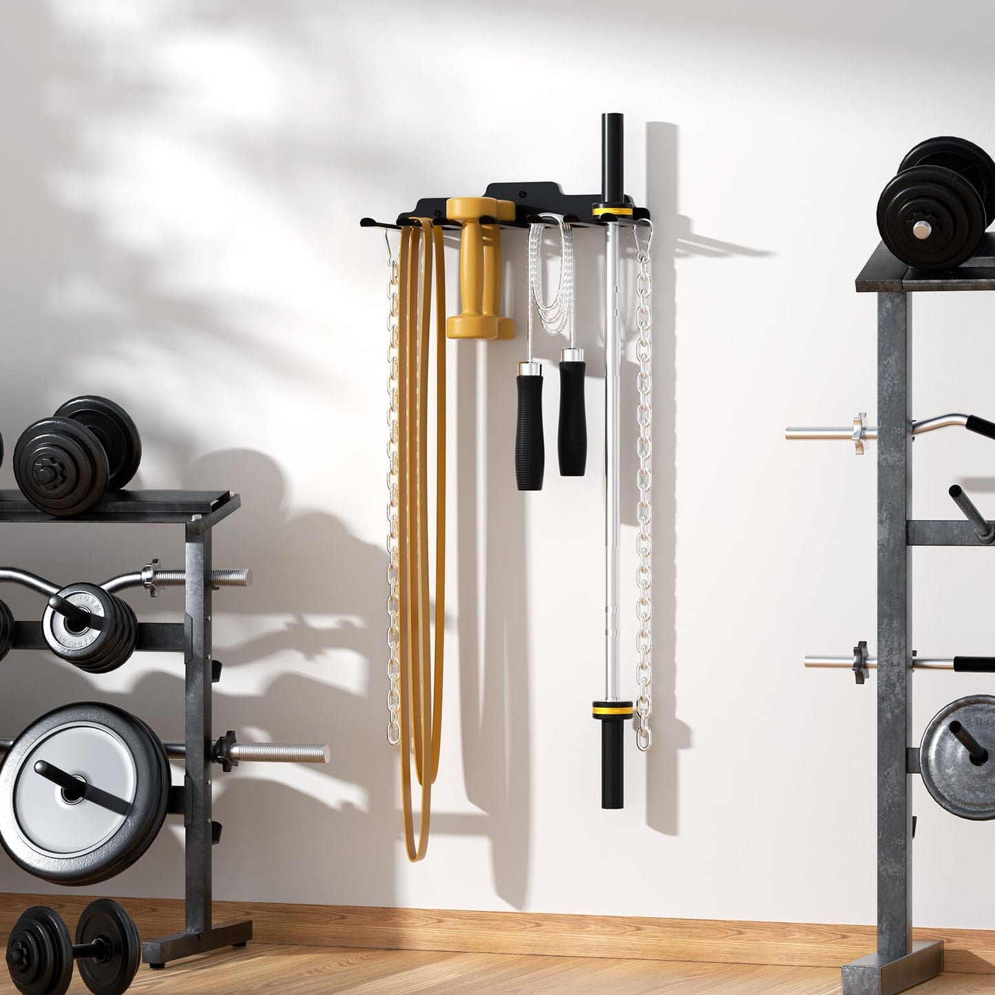 JNIHEEP Gym Home Storage Rack,Home Gym Accessories Hanger with 7 Hooks,Multi-Purpose Heavy Duty Rack for Resistance Bands Jump Ropes Lifting Belt Fitness Bands Barbells(Carabiners Included)