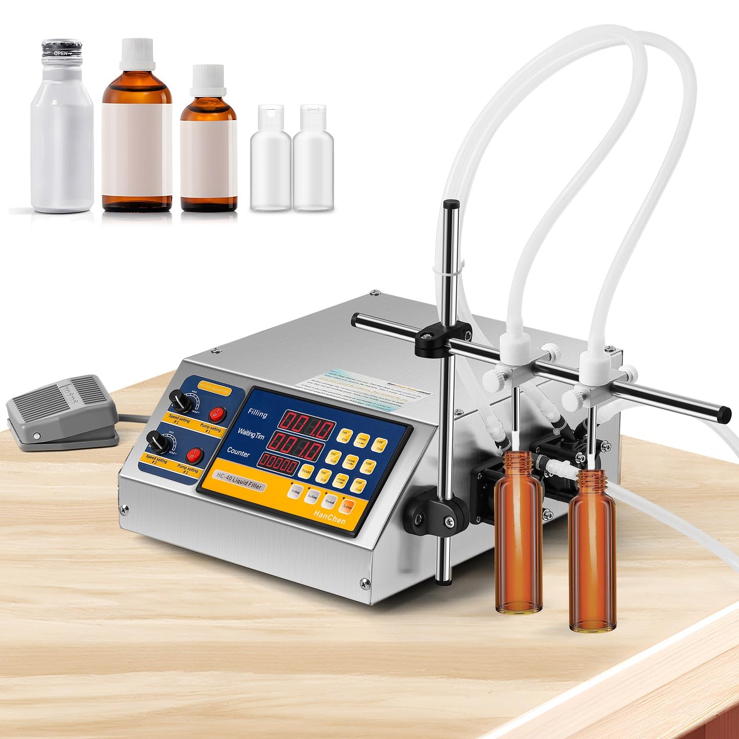 Hanchen Liquid Filling Machine Peristaltic Pump 5 Oz Automatic Bottle Filler Digital Control Cosmetic Oil Filler Bottling Machine for Perfume, Water, Juice, Thick Eessential Oil (2 Head)