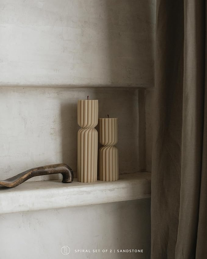 LAWA Spiral Spire Candle - Large Beautiful Handmade Pillar Scented Soy Wax Elegant Bubble Aesthetic Candle Housewarming Gift Home Room Shelf Decor Idea White (Set of 2, Sandstone)