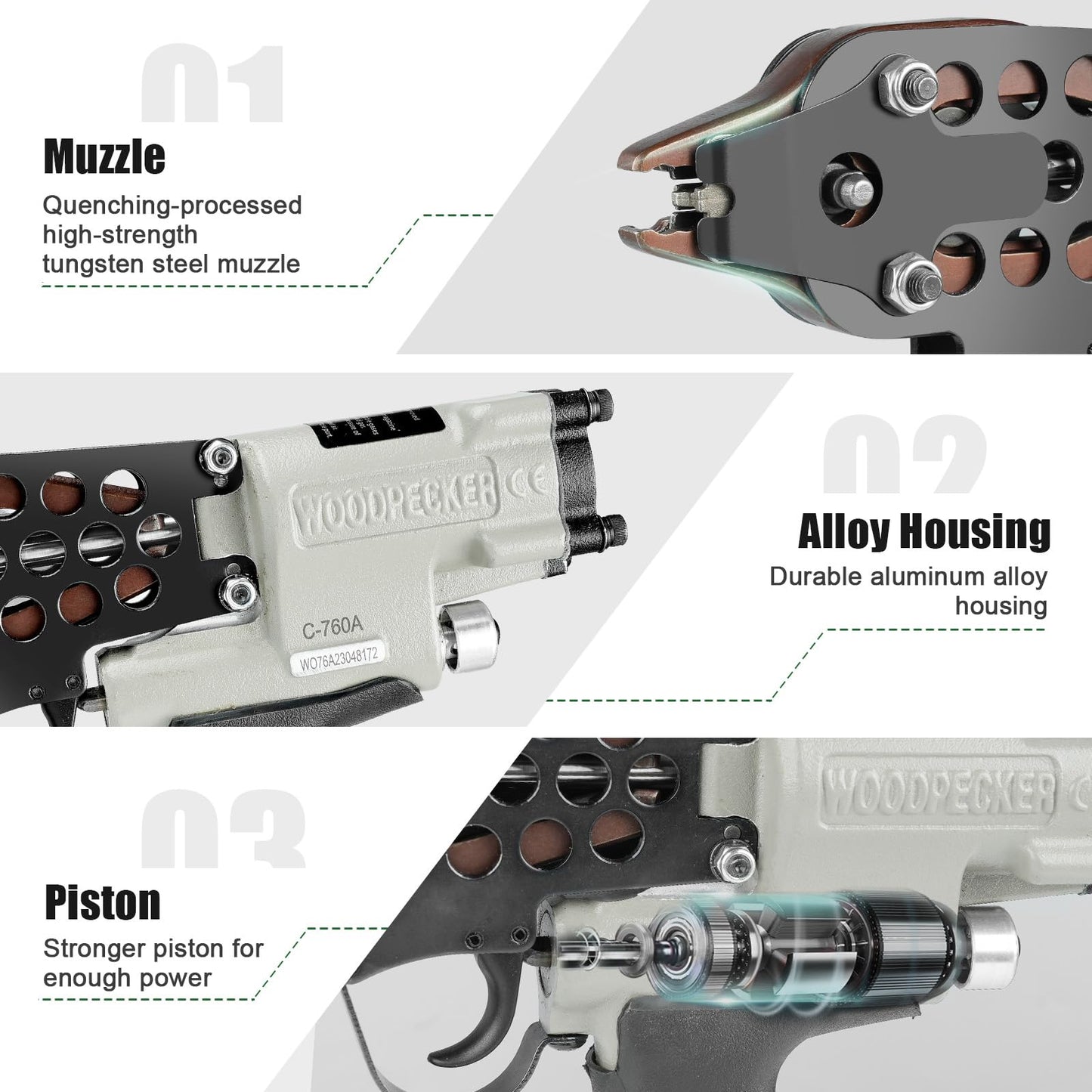 Woodpecker C-760A 16 Gauge Pneumatic Hog Ring Gun Kit, 1/2-Inch Crown, with 1000PCS Hog Ring Staples, 3.0-4.0mm Closing Diameter, Air Hog Ring Plier Tool, C Ring Gun for Cages, Fencing, Car Seat
