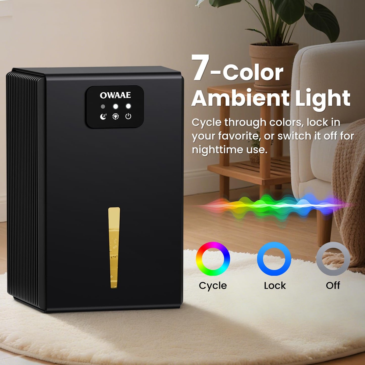 OWAAE Dehumidifier, 1000 sq.ft Quiet Dehumidifiers for Home Bedroom Basement Bathroom with 95oz Water Tank, Sleep Mode, Auto Shut-Off 7 Colors LED Light, Black