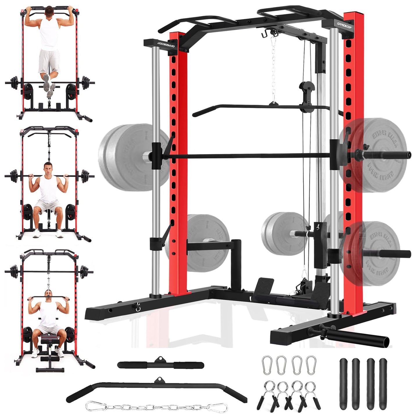 OPPSDECOR All-in-One Smith Machine Power Rack with LAT Pull Down System, Pull Up Bar, Barbell Bar, Plate Storage Pegs and More Training Attachment, Heavy Duty Smith Machine Home Gym (BlackRed)