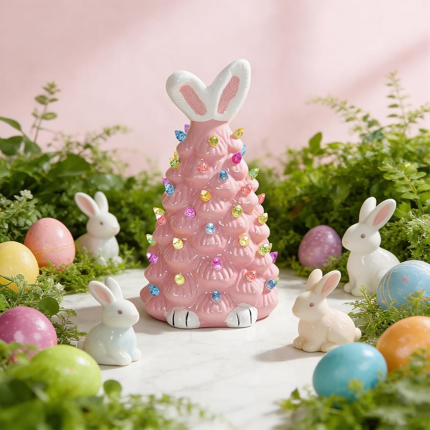 Skiennix Cute Ceramic Easter Bunny Decor - Light-Up Spring Tabletop Decoration for Kids (Pink)