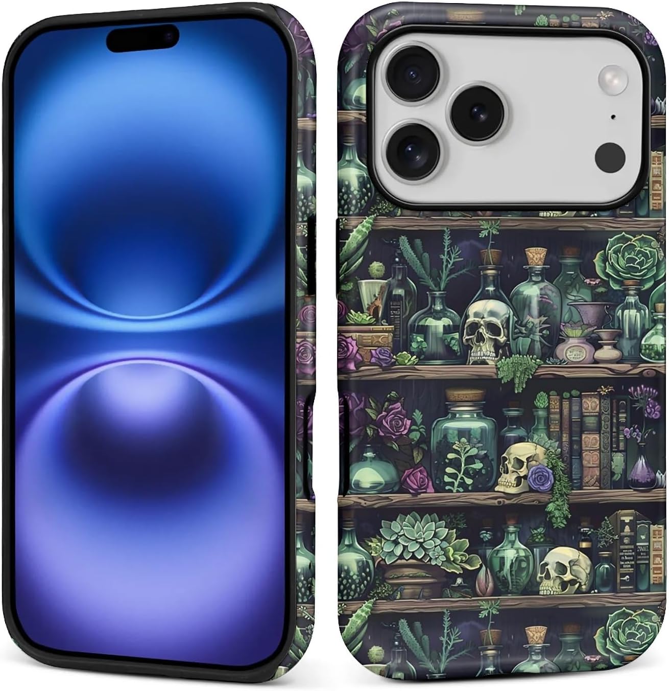 Akinmi 17 17 Case for iPhone Pro,Skeleton Bookshelf Flowers Exquisitely Pattern Double Protective Phone Cover Cases