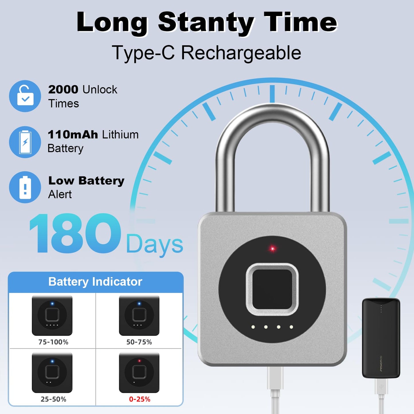 eLinkSmart Gym Locker Padlock - Fingerprint Mobile APP Unlock Remote Unlock: Waterproof Keyless Biometric Padlock for Gym Locker Field Box Footlocker Tool Box Gun Case Type-C Silver