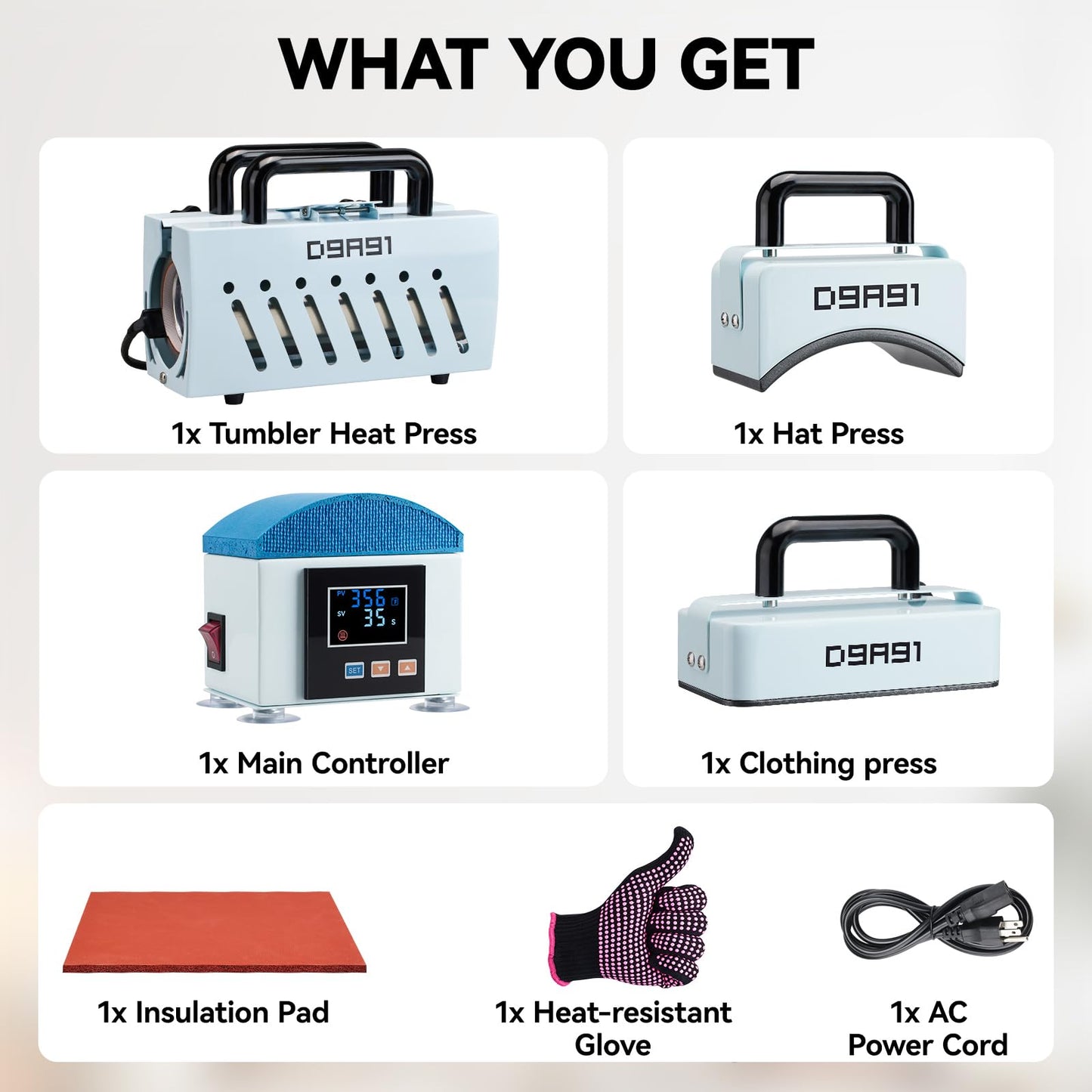 D9A91 3 in 1 Heat Press Machine, Hat Press Machine and Tumbler Heat Press Machine. for Caps, T-Shirt & More, 11-30oz Mug Press, Heat Up Fast and Even,No Crease, LCD Digital Temperature -Light Blue