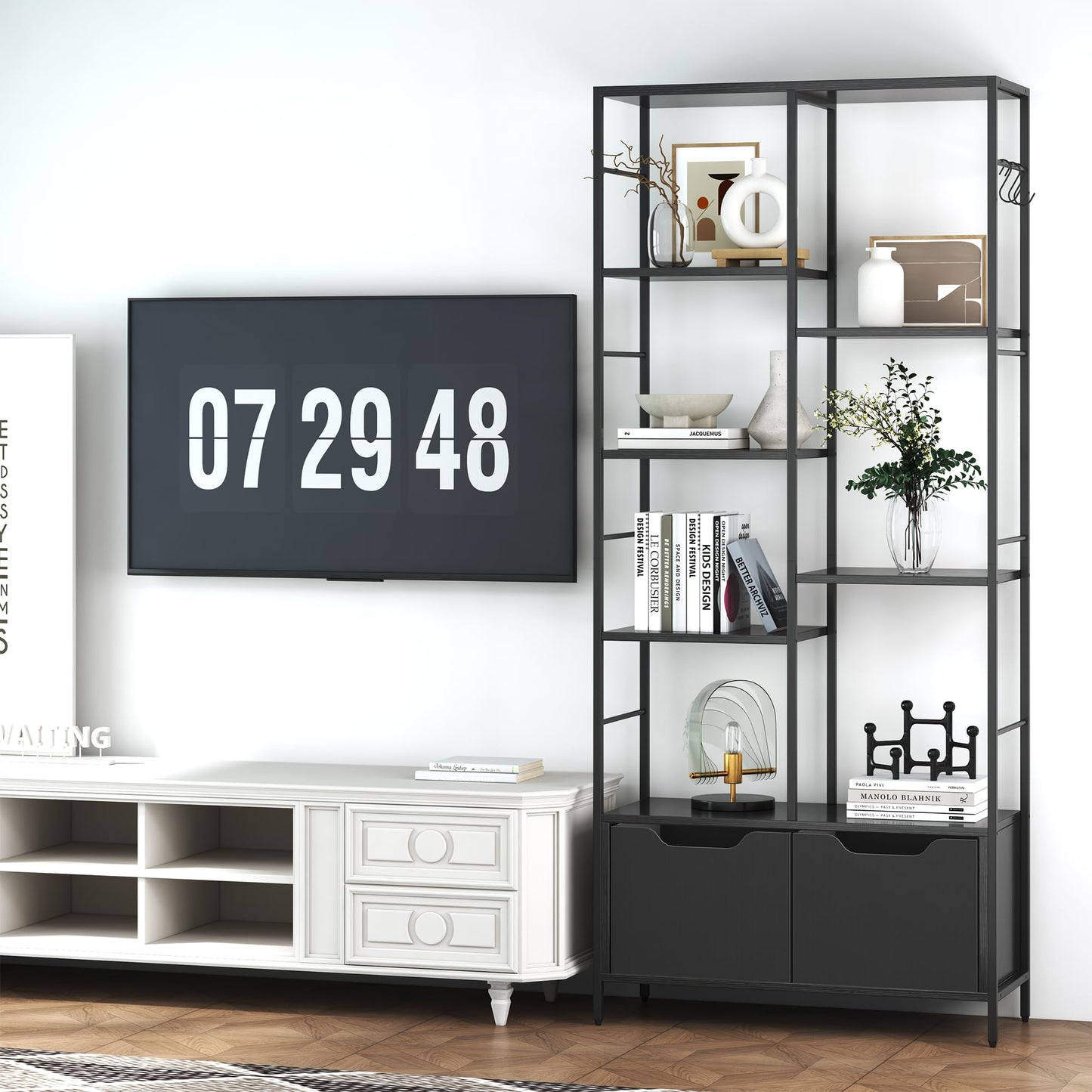 ZERDER 5 Tier Bookshelf, Bookcase with 5 Shelves, Storage Rack Organizer, Corner Wood Storage Shelf with Metal Frame for Bedroom, Living Room (Black)