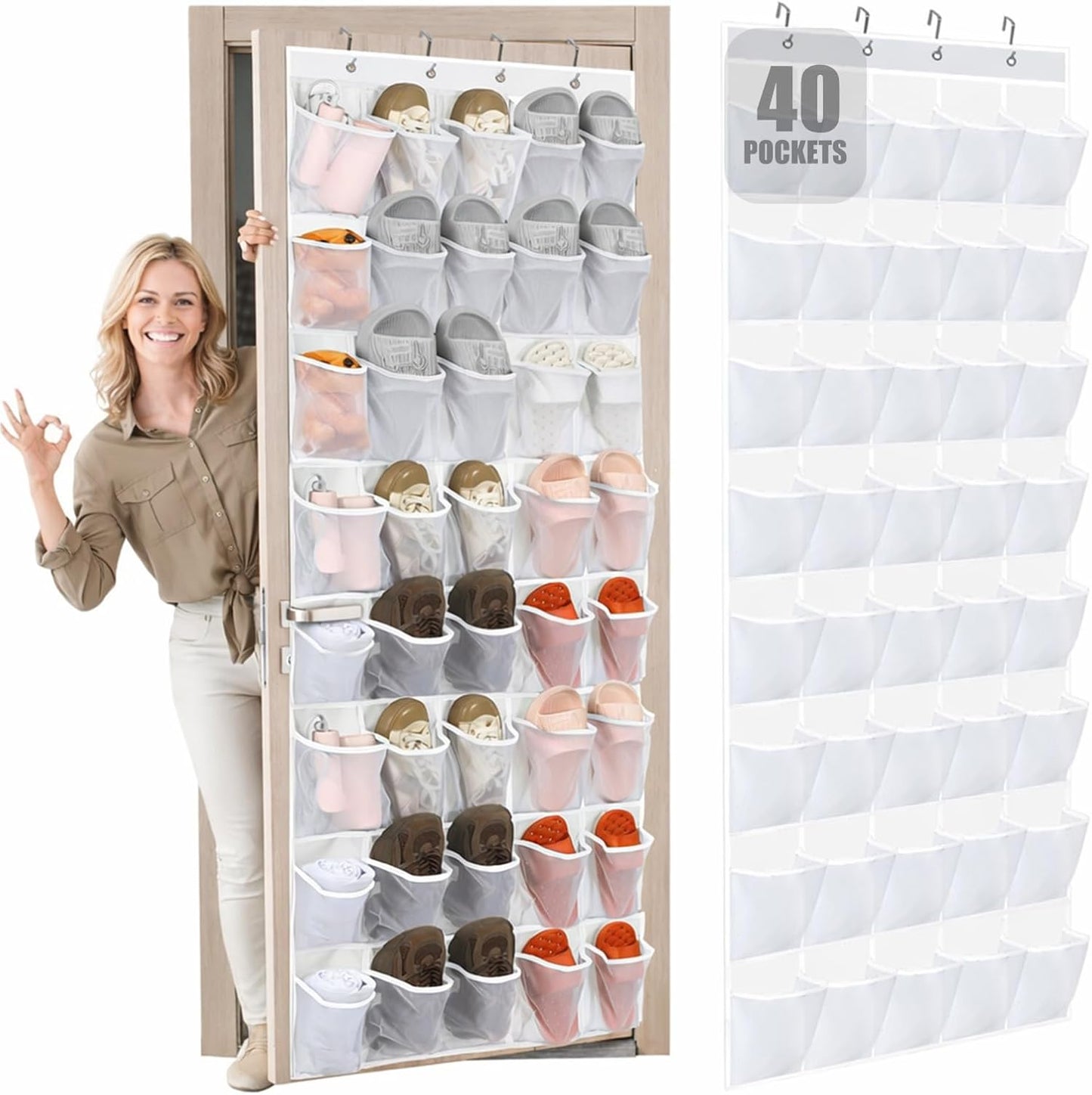 Windyun Over The Door Shoe Organizer - Large Breathable Mesh Pocket Rack | Clear White Hanging Storage for Closet