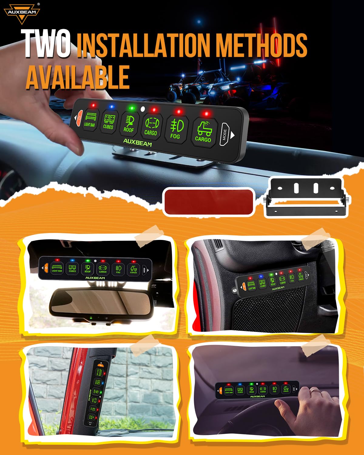 Auxbeam 6 Gang Slim Switch Panel RGB AS-R60 Toggle Momentary Pulsed Dimmable Backlight Multifunction Switch Panel with Memory Function for 12-24V Truck Offroad Car Marine Waterproof, 3 Years Warranty