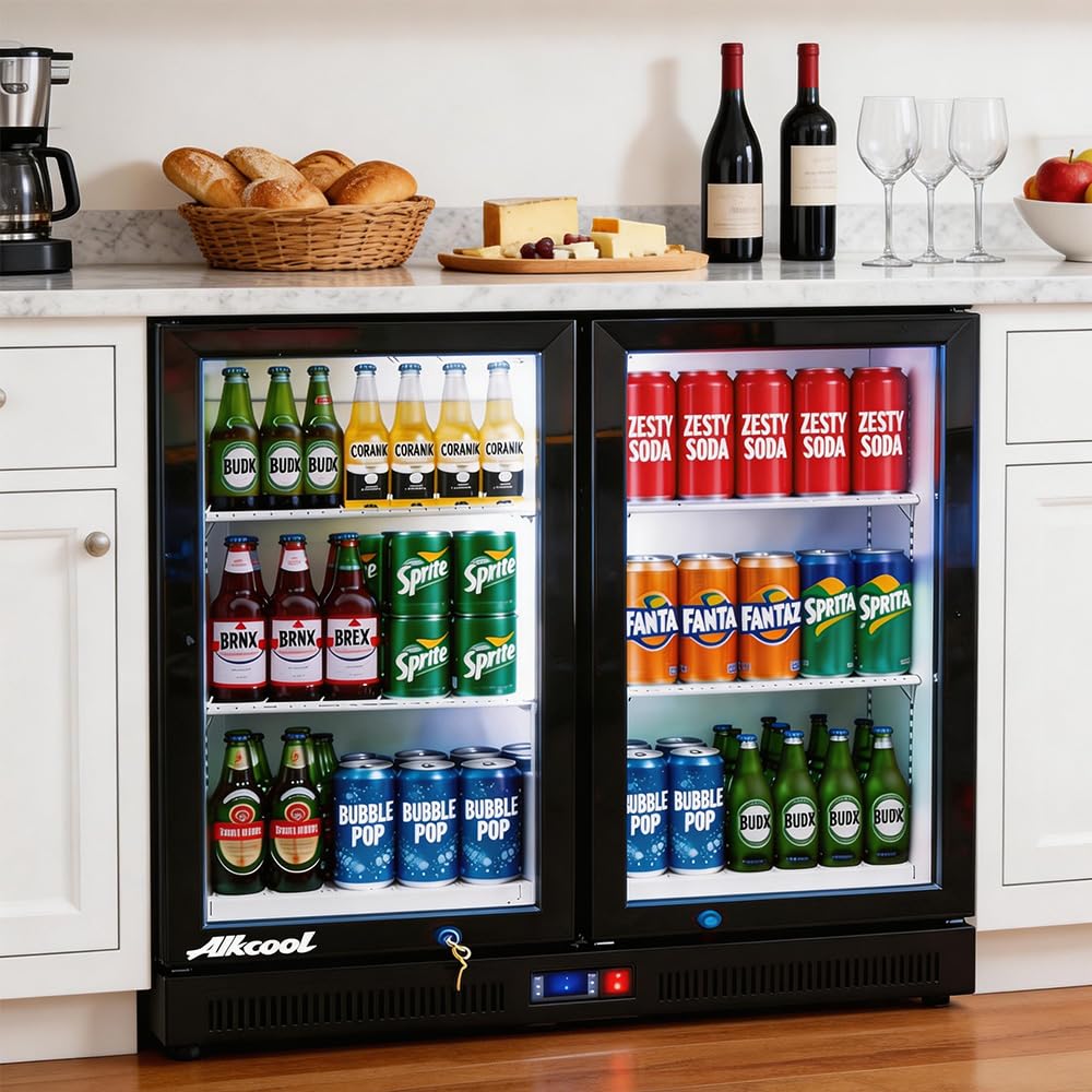 NAFCOOL Back Bar Cooler Under Counter Beverage Refrigerator, 7.5 Cu Ft Undercounter Fridge,2 Door 36 inch Commercial Beer Built-In Cooler with LED Light Adjustable Shelves Safety Locks,ETL Approval