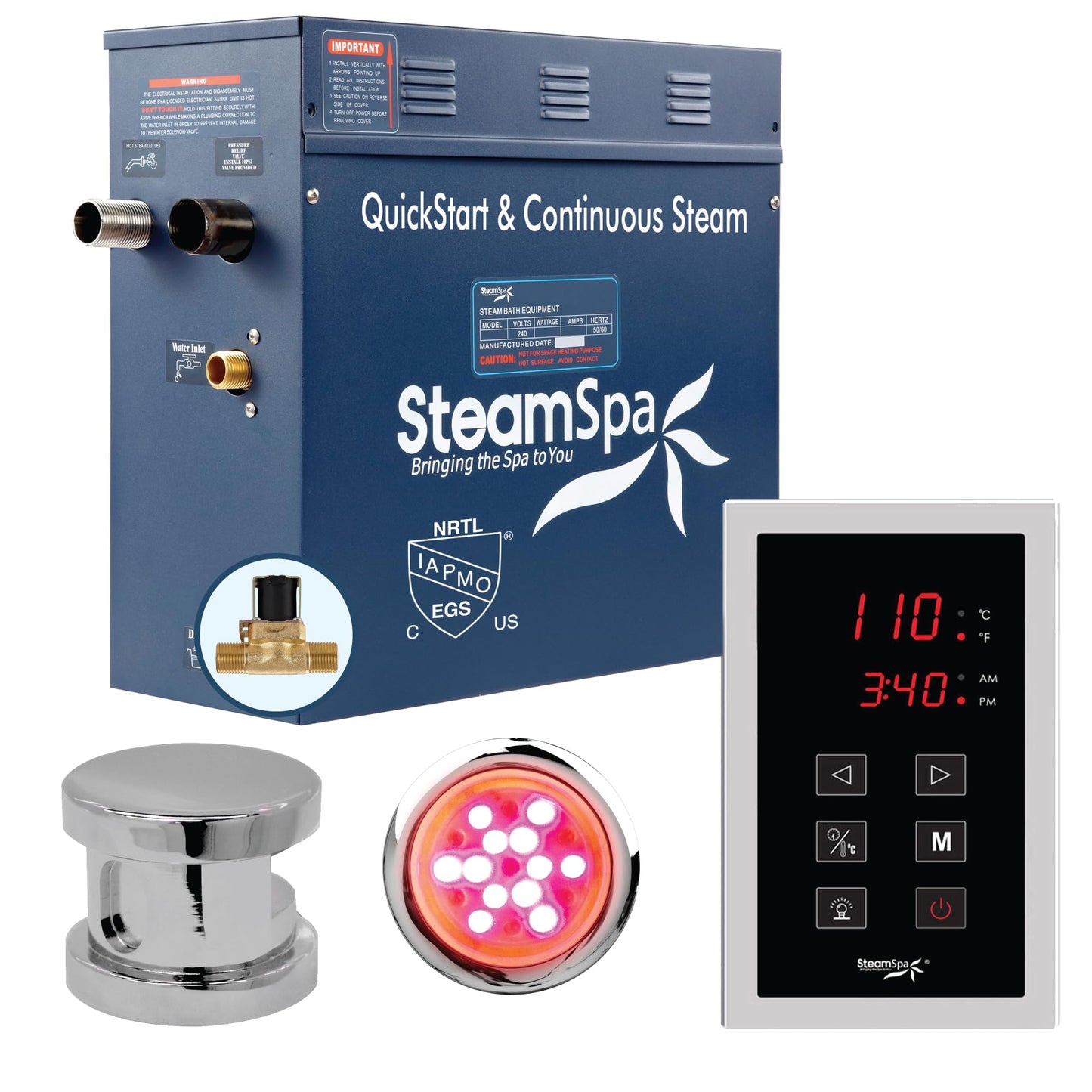 SteamSpa 9kW Steam Sauna Generator Sentry Series 240V Steam Generator with Touch Screen, Steamhead, Built-in Steam Shower Auto Drain, ACU Quickstart Steam Bath Generator Bundle SNT900CH-A