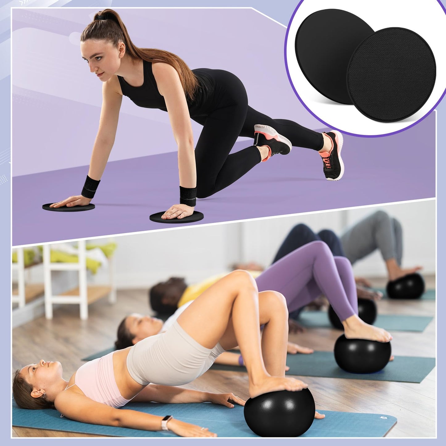 Poen 18 Pcs Home Pilates Ball and Ring Circle Set Yoga Fitness Essentials Kit with 5 Resistance Band Stretching Strap Non Slip Sock Ball Core Slider Wristband Headband Gym Bag for Women, Black