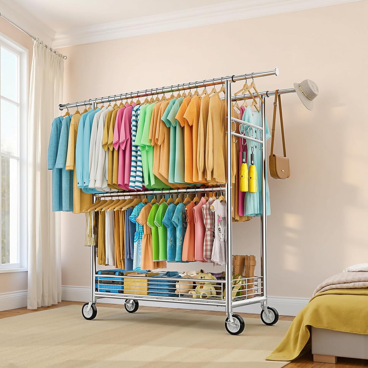 Regine Switzerland Heavy Duty Clothes Rack - 960LBS Capacity, Adjustable & Portable with Wheels, Silver