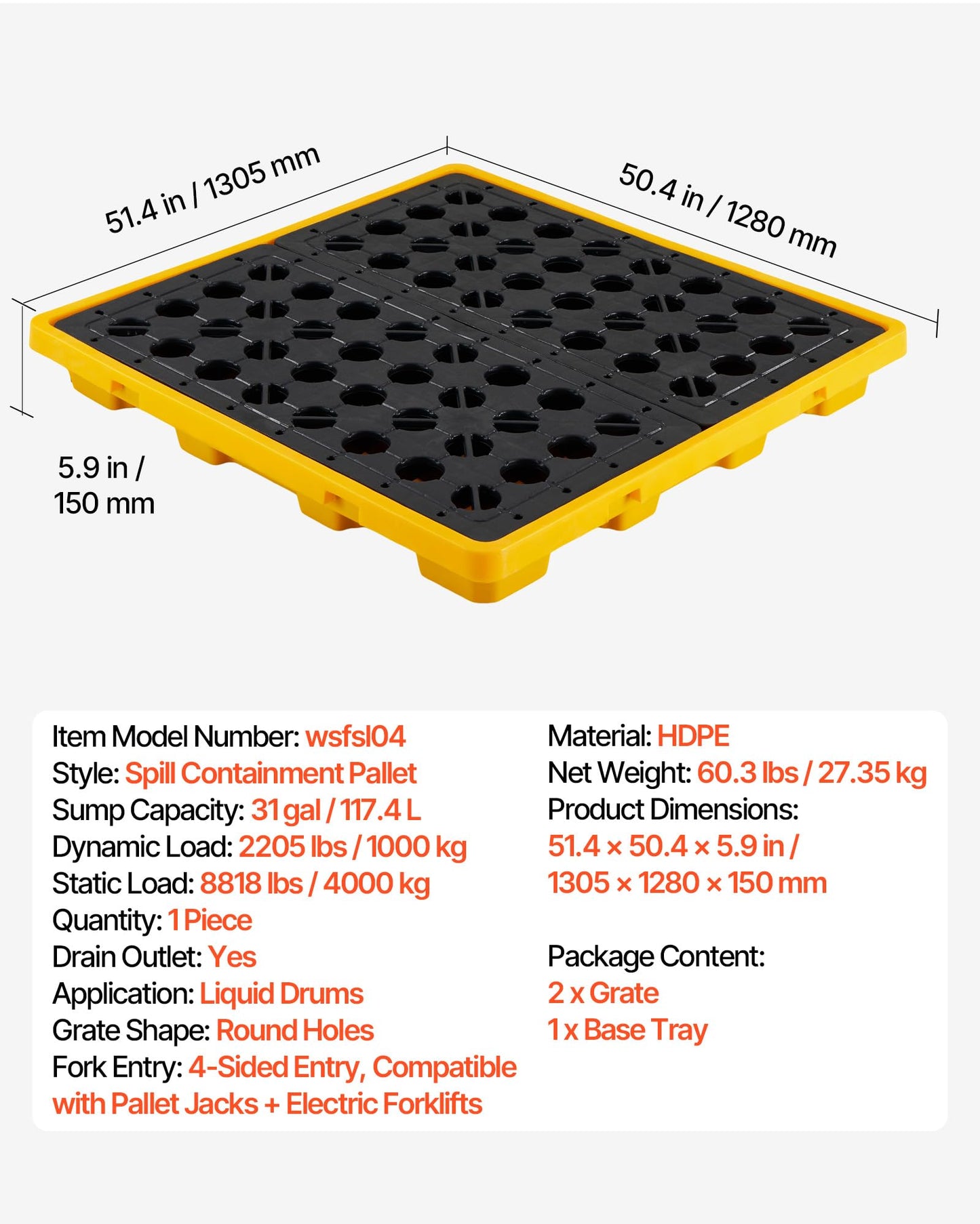 VEVOR Spill Containment Pallet, 4 Drum Low Profile Spill Containment Modular Platform, 31 Gallon Sump, 8818 lbs Load Capacity, Heavy-Duty Polyethylene Tray with Drain, 51.4" x 50.4" x 5.9", Yellow